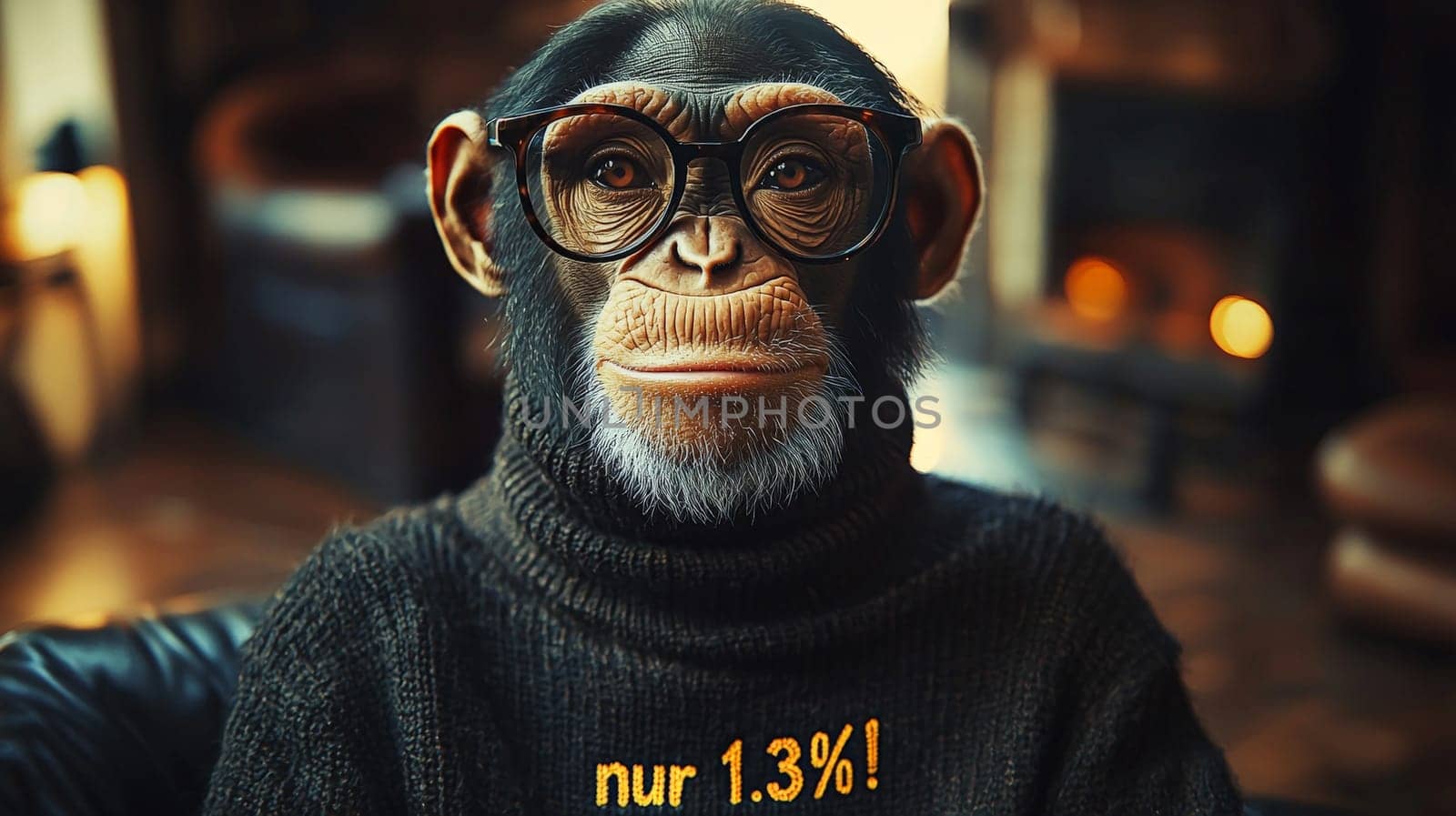 This charming image features a relaxed chimpanzee sporting stylish glasses and a cozy turtleneck sweater that reads "Nur 1.3%!"" The chimp’s intelligent gaze and comfortable demeanor create a whimsical blend of humor and insight, inviting viewers to ponder the curious similarities between humans and our primate relatives."