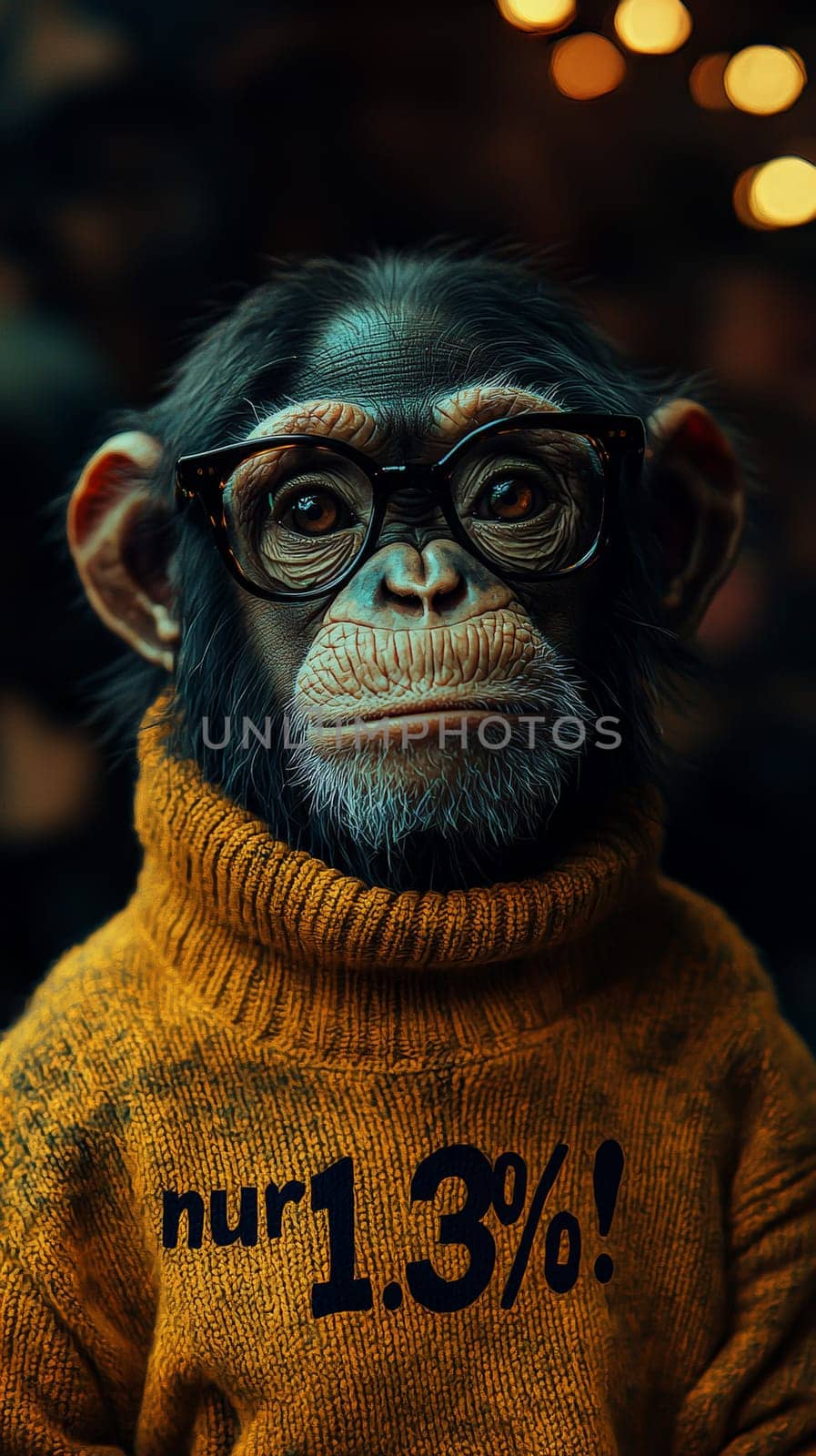 This charming image features a relaxed chimpanzee sporting stylish glasses and a cozy turtleneck sweater that reads "Nur 1.3%!"" The chimp’s intelligent gaze and comfortable demeanor create a whimsical blend of humor and insight, inviting viewers to ponder the curious similarities between humans and our primate relatives."