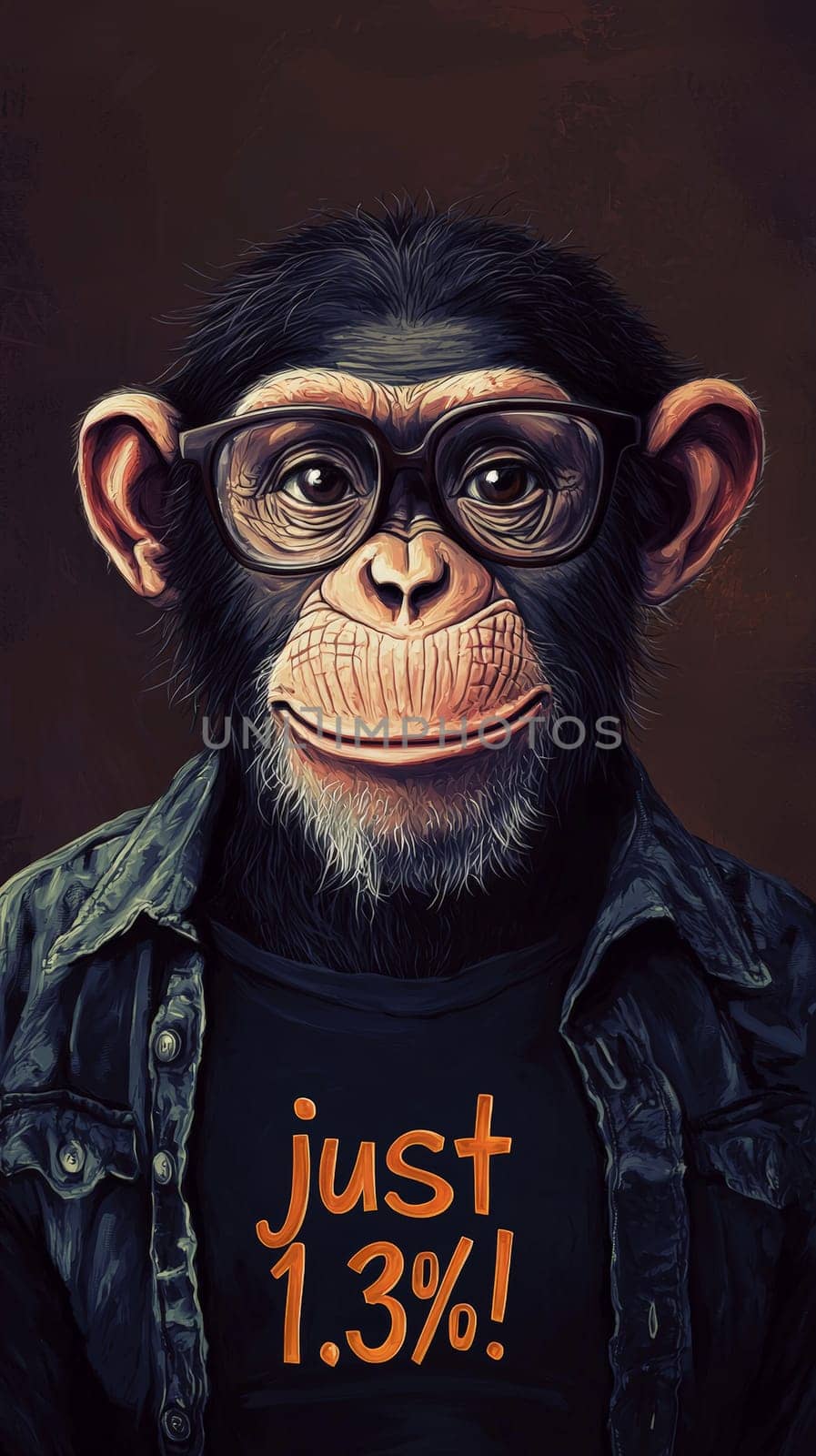 This delightful image showcases a relaxed and intelligent chimpanzee wearing stylish glasses and a cozy turtleneck sweater adorned with the phrase "Just 1.3%!"" The chimp's calm demeanor and thoughtful expression invite viewers to reflect on the intriguing connection between humans and primates, blending humor with a touch of wisdom."