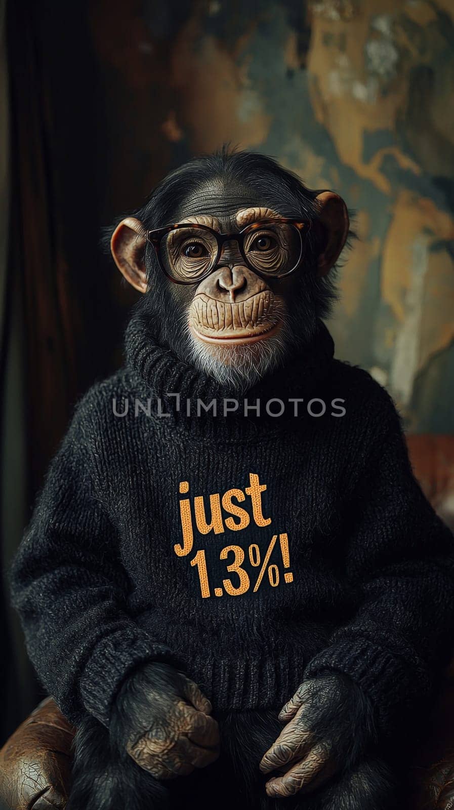 This delightful image showcases a relaxed and intelligent chimpanzee wearing stylish glasses and a cozy turtleneck sweater adorned with the phrase "Just 1.3%!"" The chimp's calm demeanor and thoughtful expression invite viewers to reflect on the intriguing connection between humans and primates, blending humor with a touch of wisdom."