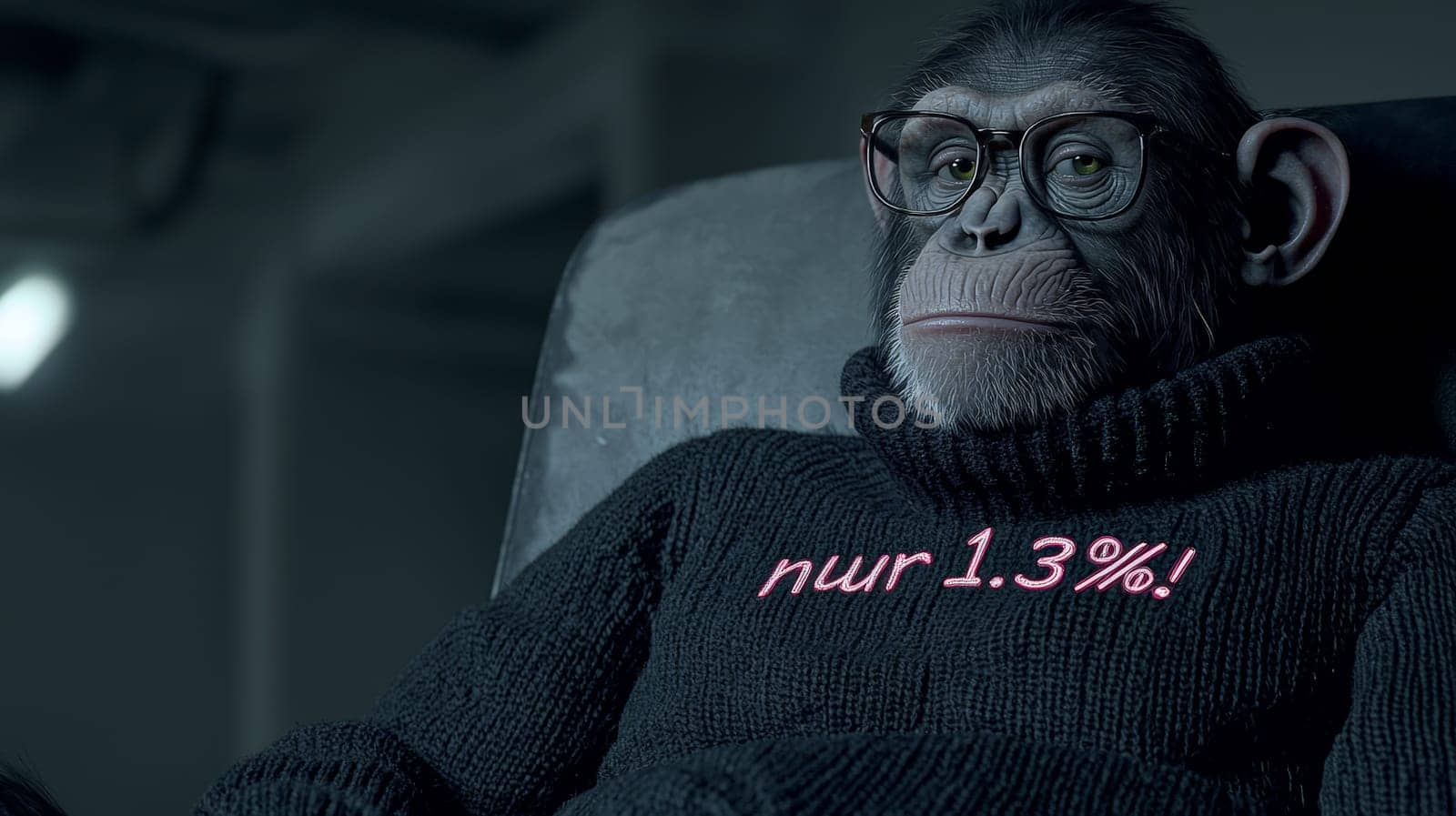 This charming image features a relaxed chimpanzee sporting stylish glasses and a cozy turtleneck sweater that reads "Nur 1.3%!"" The chimp’s intelligent gaze and comfortable demeanor create a whimsical blend of humor and insight, inviting viewers to ponder the curious similarities between humans and our primate relatives."
