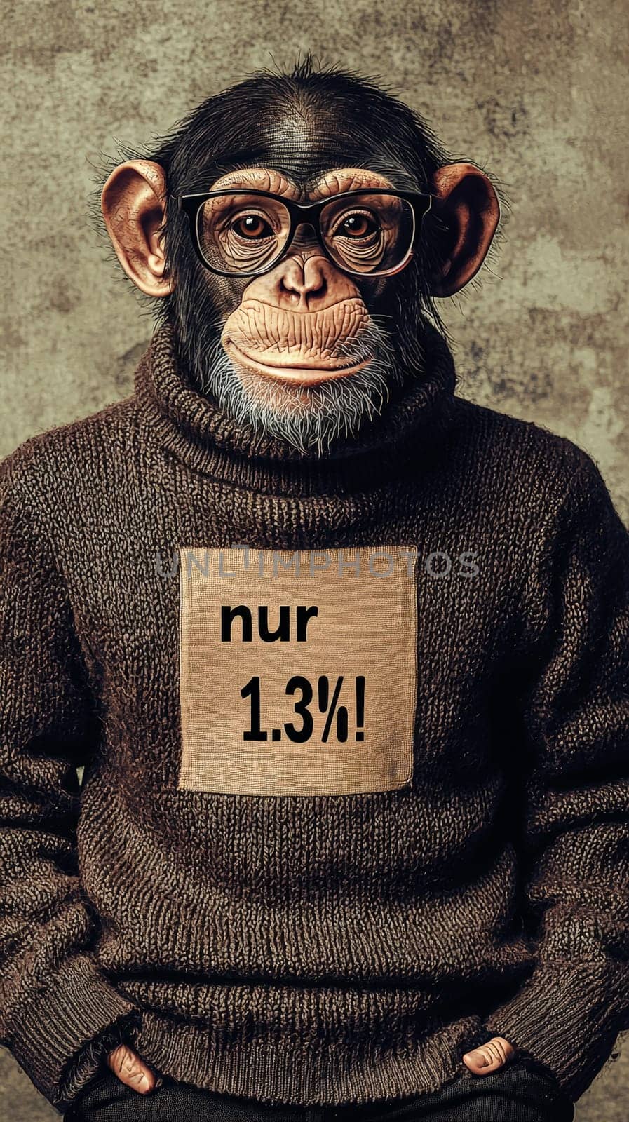 This charming image features a relaxed chimpanzee sporting stylish glasses and a cozy turtleneck sweater that reads "Nur 1.3%!"" The chimp’s intelligent gaze and comfortable demeanor create a whimsical blend of humor and insight, inviting viewers to ponder the curious similarities between humans and our primate relatives."