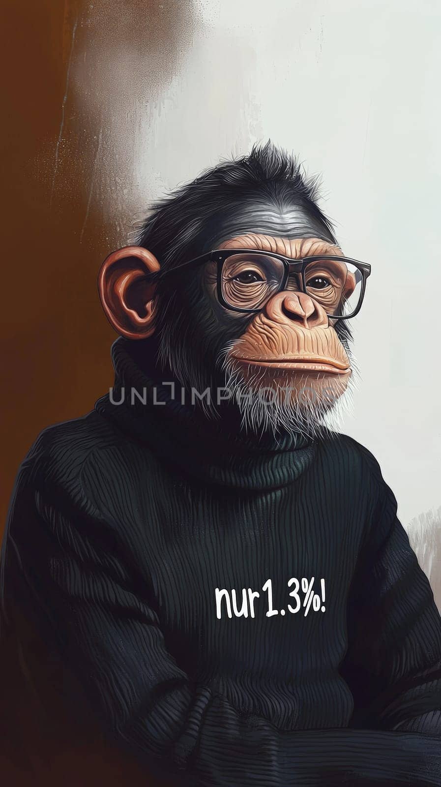 This charming image features a relaxed chimpanzee sporting stylish glasses and a cozy turtleneck sweater that reads "Nur 1.3%!"" The chimp’s intelligent gaze and comfortable demeanor create a whimsical blend of humor and insight, inviting viewers to ponder the curious similarities between humans and our primate relatives."