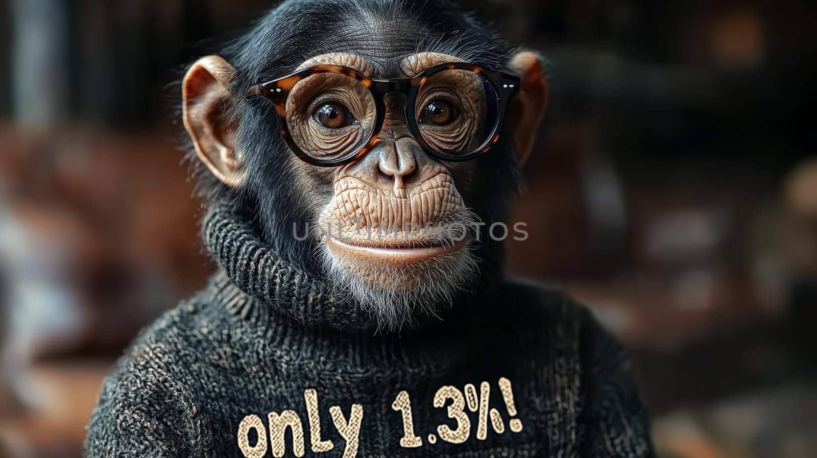 This charming portrait features a relaxed and intelligent-looking chimpanzee wearing stylish glasses and a cozy turtleneck sweater that reads "Only 1.3%!"" The image captures a blend of humor and intellect, highlighting the personality of this delightful primate in a playful and engaging manner."