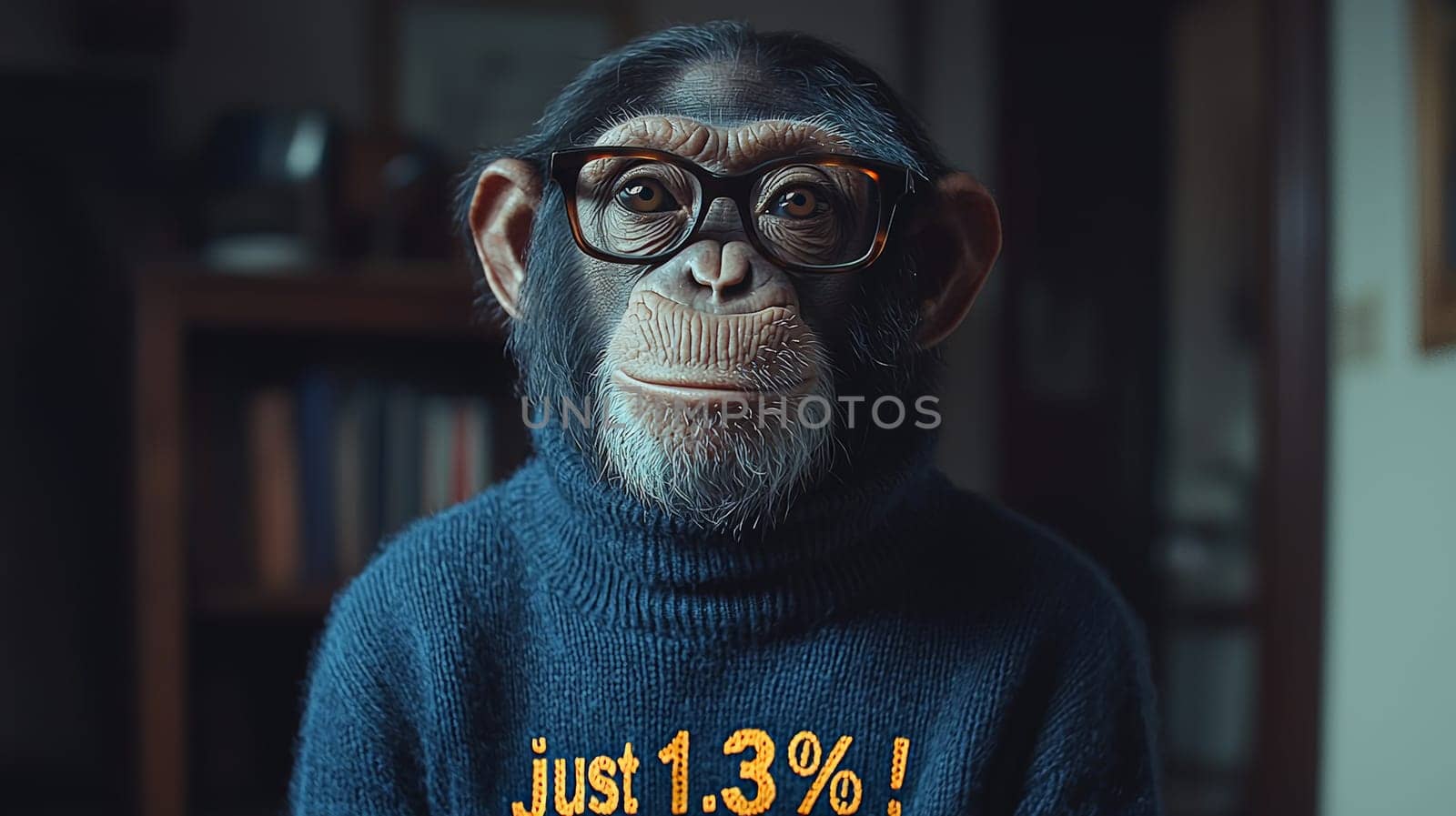This delightful image showcases a relaxed and intelligent chimpanzee wearing stylish glasses and a cozy turtleneck sweater adorned with the phrase "Just 1.3%!"" The chimp's calm demeanor and thoughtful expression invite viewers to reflect on the intriguing connection between humans and primates, blending humor with a touch of wisdom."