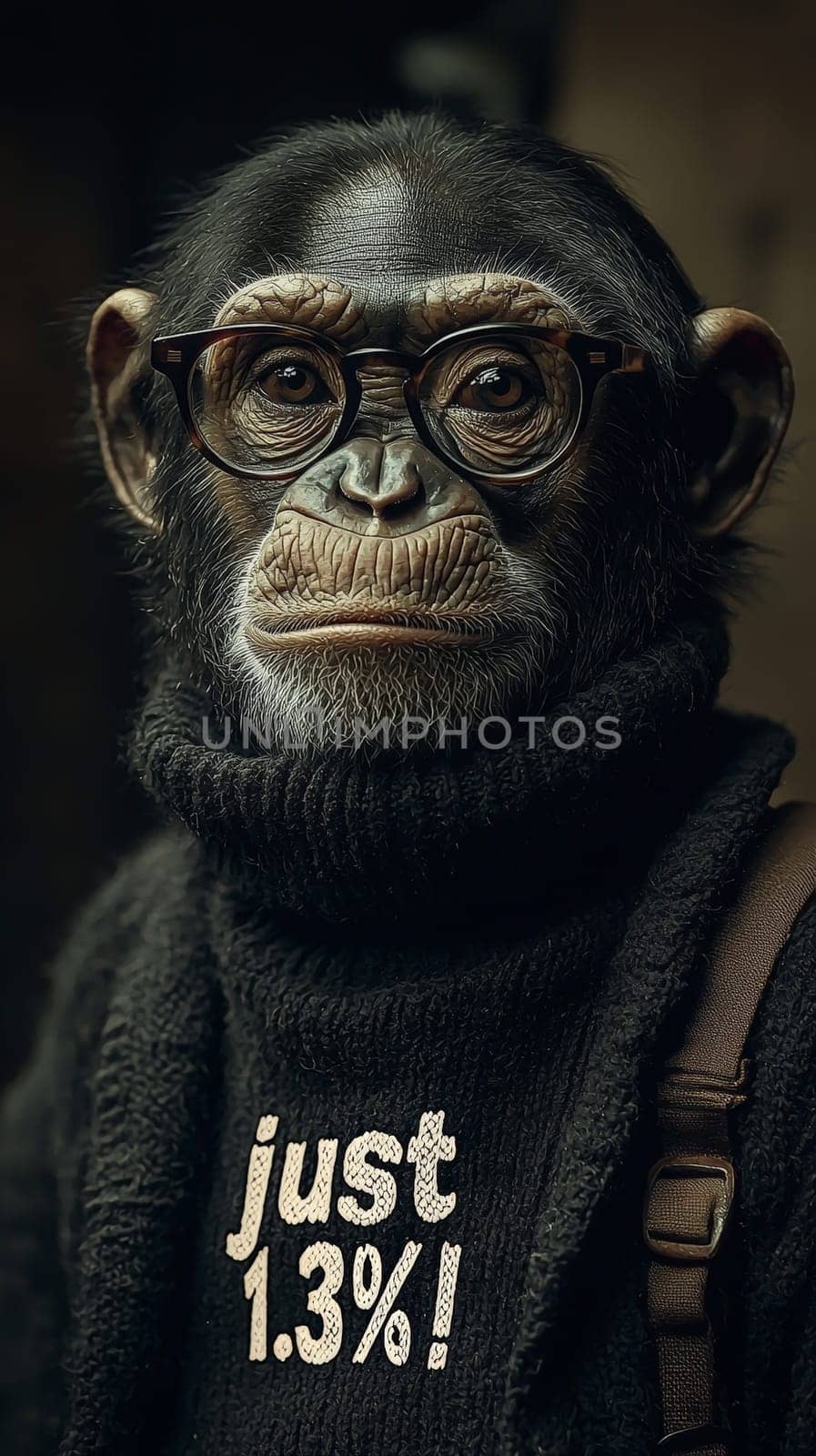 This delightful image showcases a relaxed and intelligent chimpanzee wearing stylish glasses and a cozy turtleneck sweater adorned with the phrase "Just 1.3%!"" The chimp's calm demeanor and thoughtful expression invite viewers to reflect on the intriguing connection between humans and primates, blending humor with a touch of wisdom."