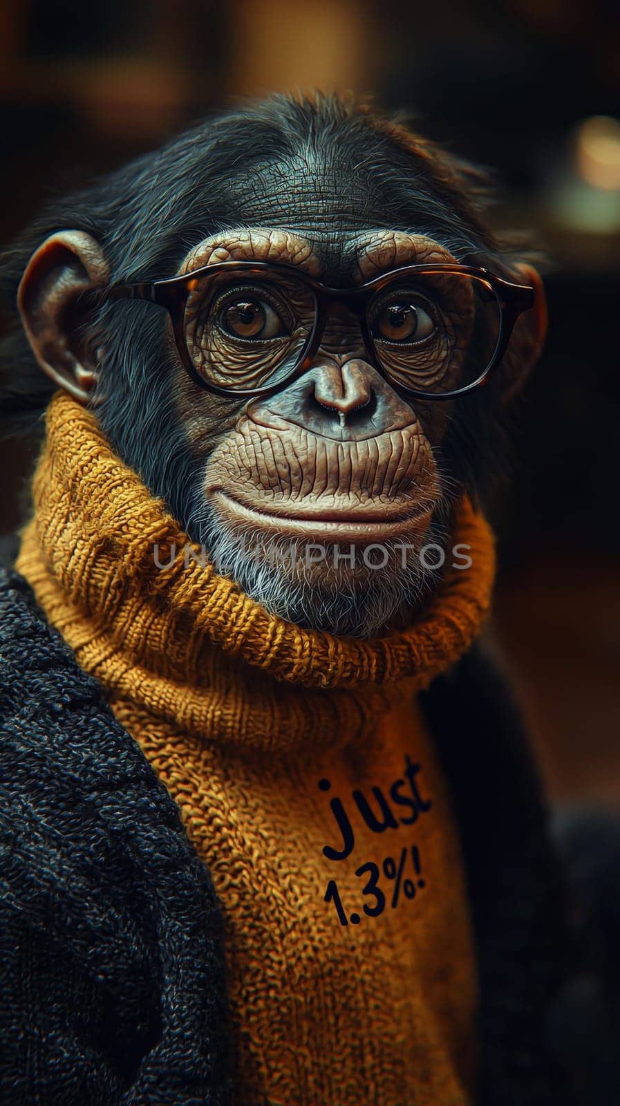 This delightful image showcases a relaxed and intelligent chimpanzee wearing stylish glasses and a cozy turtleneck sweater adorned with the phrase "Just 1.3%!"" The chimp's calm demeanor and thoughtful expression invite viewers to reflect on the intriguing connection between humans and primates, blending humor with a touch of wisdom."