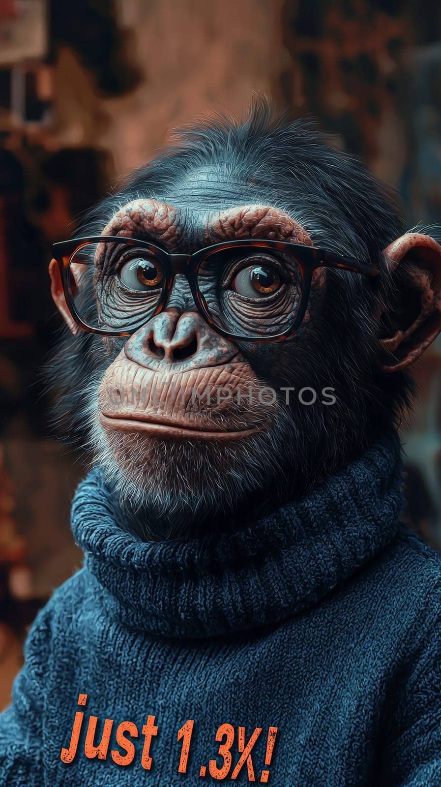 This delightful image showcases a relaxed and intelligent chimpanzee wearing stylish glasses and a cozy turtleneck sweater adorned with the phrase "Just 1.3%!"" The chimp's calm demeanor and thoughtful expression invite viewers to reflect on the intriguing connection between humans and primates, blending humor with a touch of wisdom."