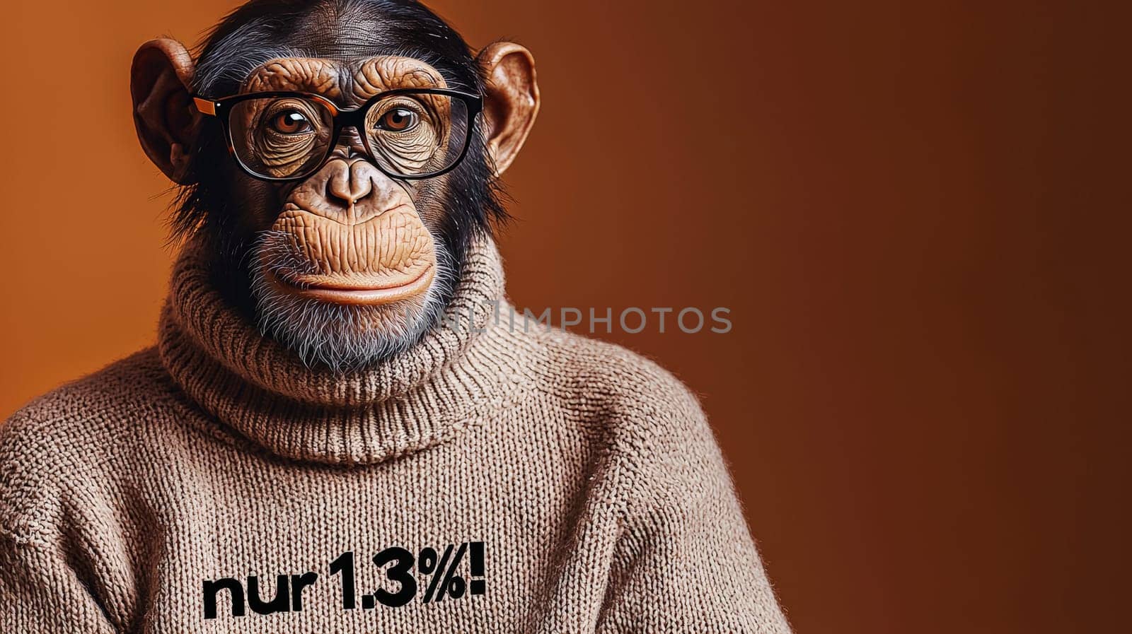 This charming image features a relaxed chimpanzee sporting stylish glasses and a cozy turtleneck sweater that reads "Nur 1.3%!"" The chimp’s intelligent gaze and comfortable demeanor create a whimsical blend of humor and insight, inviting viewers to ponder the curious similarities between humans and our primate relatives."