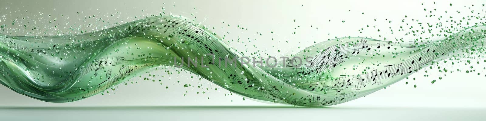 A captivating vector graphic of a twisting green musical staff set against a white background, with musical notes appearing to fall off in 3D space, creating a vibrant and dynamic representation of music in motion.