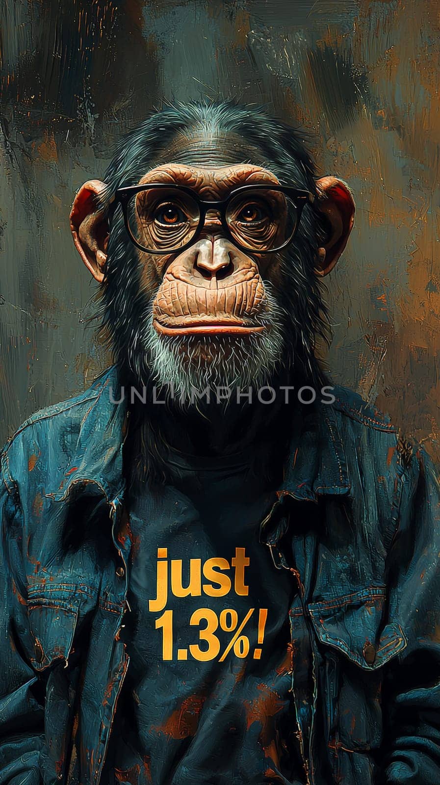 This delightful image showcases a relaxed and intelligent chimpanzee wearing stylish glasses and a cozy turtleneck sweater adorned with the phrase "Just 1.3%!"" The chimp's calm demeanor and thoughtful expression invite viewers to reflect on the intriguing connection between humans and primates, blending humor with a touch of wisdom."