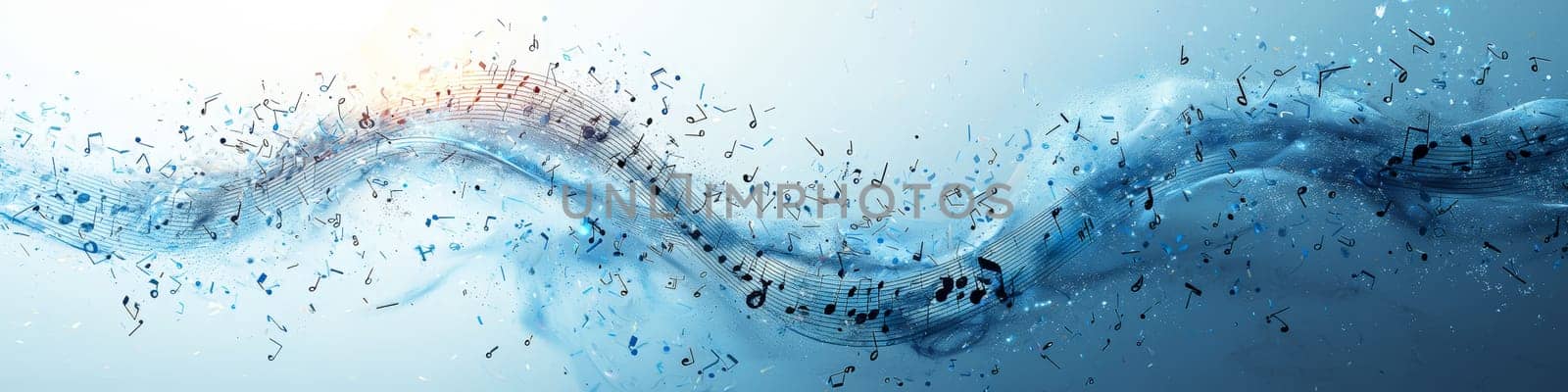This dynamic vector graphic showcases a twisting musical staff in vibrant shades of blue and orange against a clean white background. Musical notations elegantly fall off the staff, creating a captivating 3D effect that symbolizes the fluidity and creativity of music.