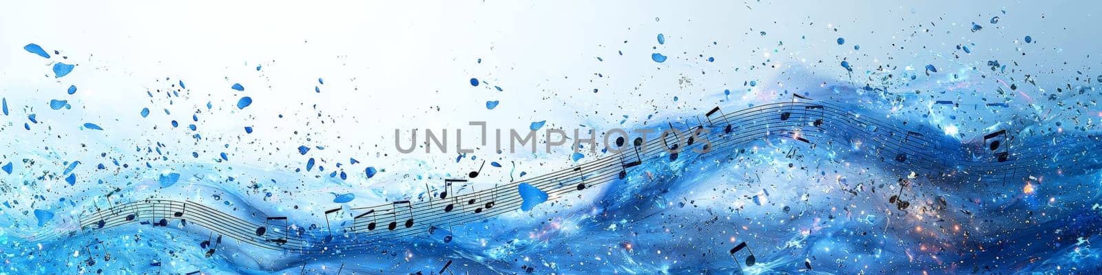 This dynamic vector graphic showcases a twisting musical staff in vibrant shades of blue and orange against a clean white background. Musical notations elegantly fall off the staff, creating a captivating 3D effect that symbolizes the fluidity and creativity of music.