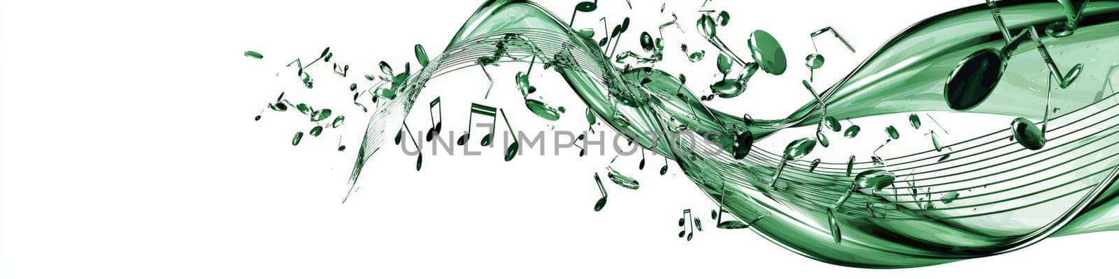 A captivating vector graphic of a twisting green musical staff set against a white background, with musical notes appearing to fall off in 3D space, creating a vibrant and dynamic representation of music in motion.