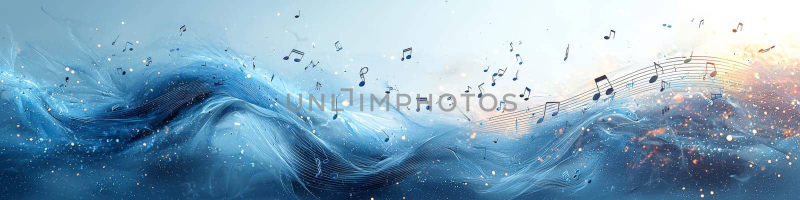 This dynamic vector graphic showcases a twisting musical staff in vibrant shades of blue and orange against a clean white background. Musical notations elegantly fall off the staff, creating a captivating 3D effect that symbolizes the fluidity and creativity of music.