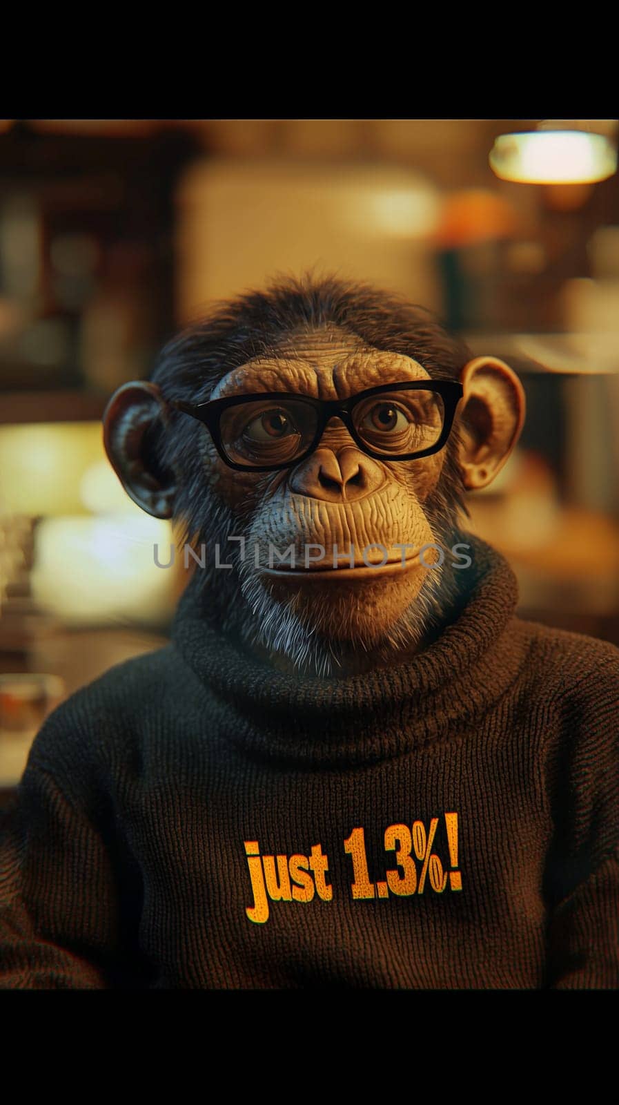 This delightful image showcases a relaxed and intelligent chimpanzee wearing stylish glasses and a cozy turtleneck sweater adorned with the phrase "Just 1.3%!"" The chimp's calm demeanor and thoughtful expression invite viewers to reflect on the intriguing connection between humans and primates, blending humor with a touch of wisdom."