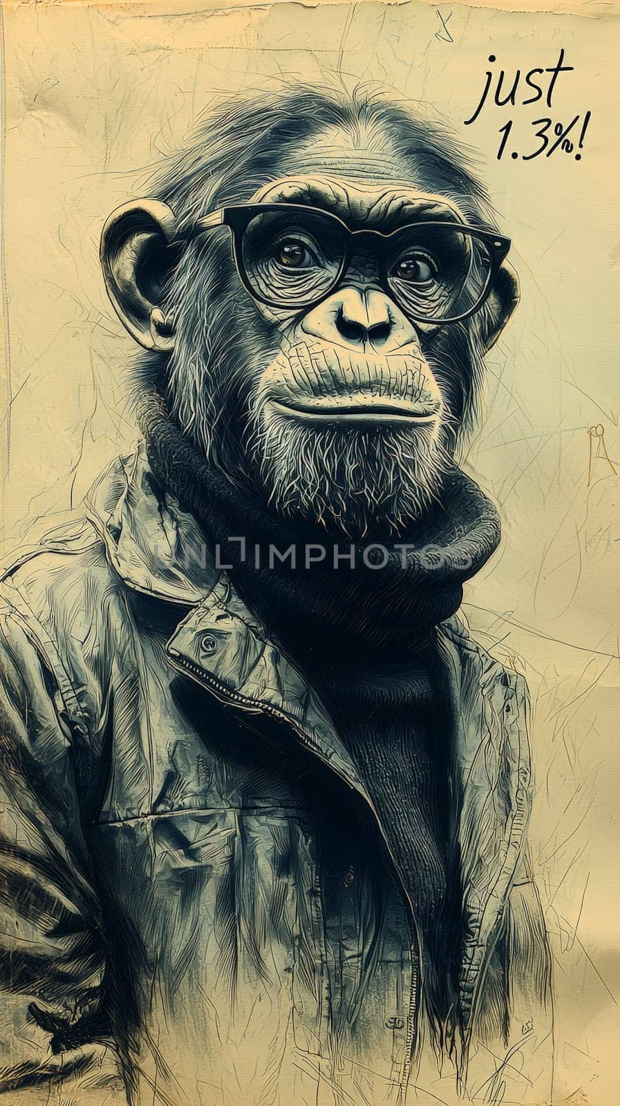 This delightful image showcases a relaxed and intelligent chimpanzee wearing stylish glasses and a cozy turtleneck sweater adorned with the phrase "Just 1.3%!"" The chimp's calm demeanor and thoughtful expression invite viewers to reflect on the intriguing connection between humans and primates, blending humor with a touch of wisdom."