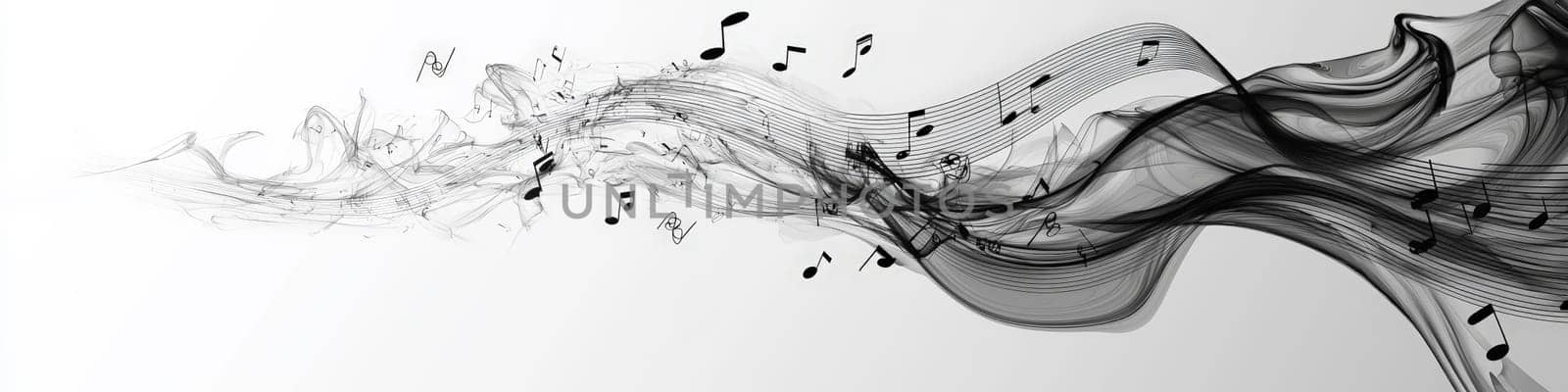 A striking vector graphic featuring a twisting black musical staff against a white background. Musical notations gracefully cascade off the staff in a 3D space, creating a sense of movement and rhythm, symbolizing the beauty of music.