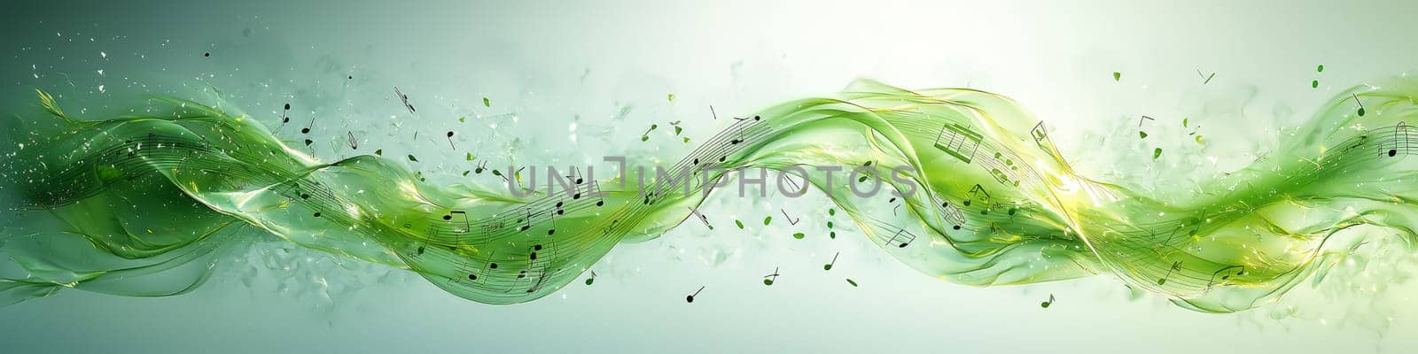 A captivating vector graphic of a twisting green musical staff set against a white background, with musical notes appearing to fall off in 3D space, creating a vibrant and dynamic representation of music in motion.
