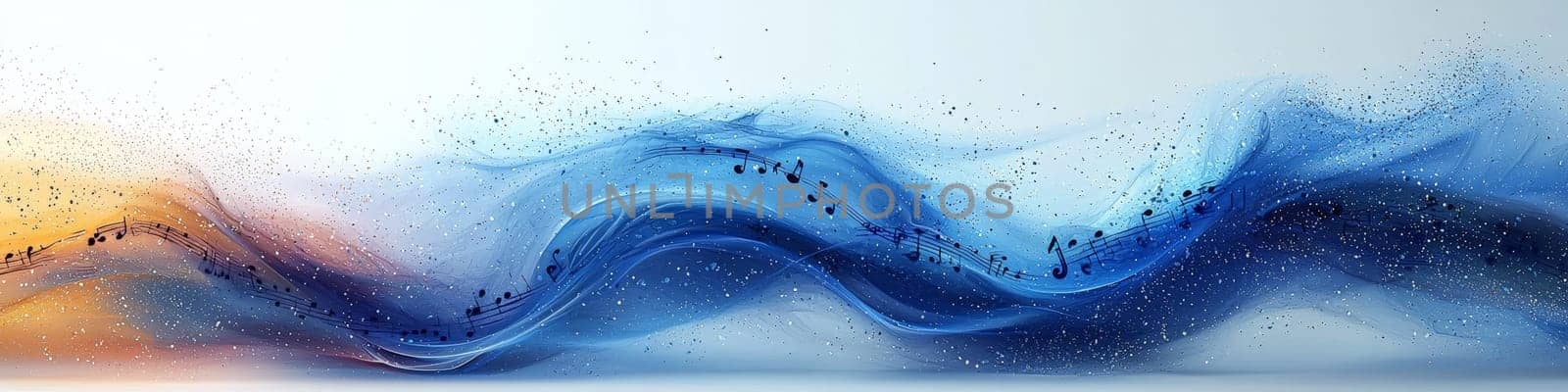 This dynamic vector graphic showcases a twisting musical staff in vibrant shades of blue and orange against a clean white background. Musical notations elegantly fall off the staff, creating a captivating 3D effect that symbolizes the fluidity and creativity of music.