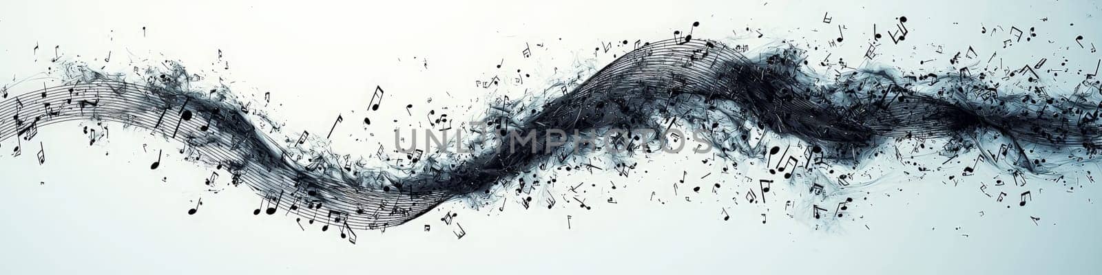 A striking vector graphic featuring a twisting black musical staff against a white background. Musical notations gracefully cascade off the staff in a 3D space, creating a sense of movement and rhythm, symbolizing the beauty of music.