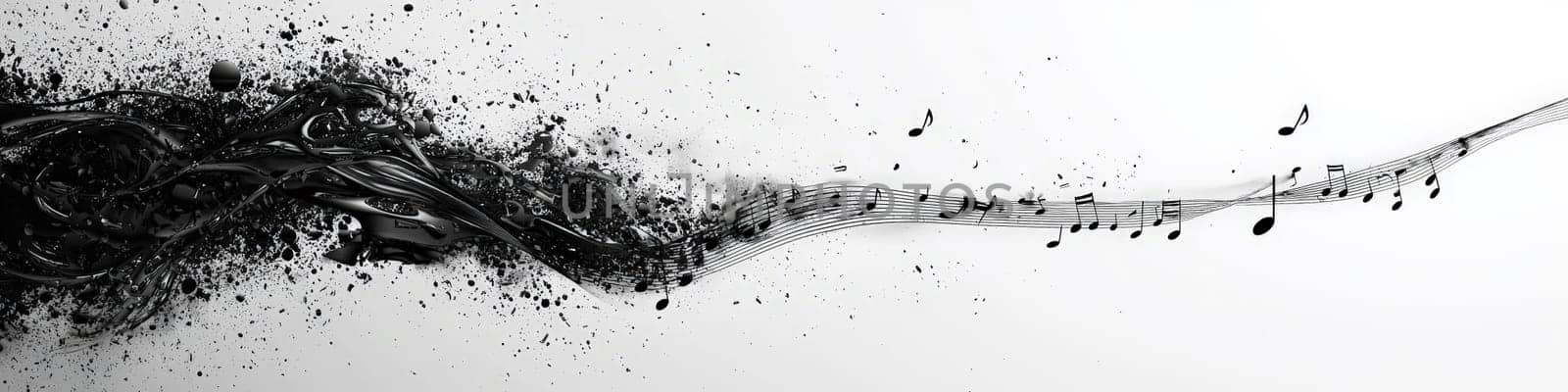 A striking vector graphic featuring a twisting black musical staff against a white background. Musical notations gracefully cascade off the staff in a 3D space, creating a sense of movement and rhythm, symbolizing the beauty of music.