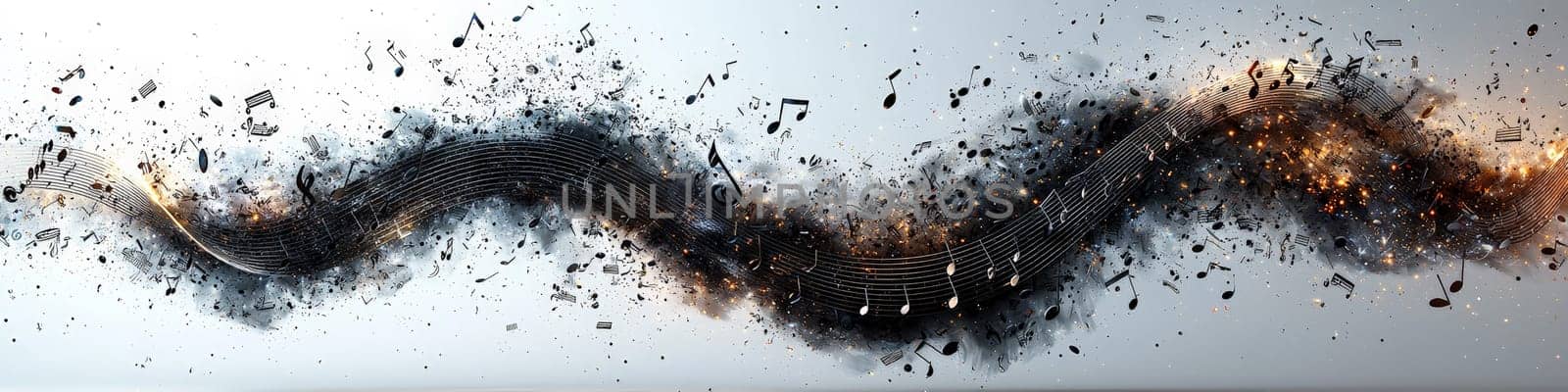 A striking vector graphic featuring a twisting black musical staff against a white background. Musical notations gracefully cascade off the staff in a 3D space, creating a sense of movement and rhythm, symbolizing the beauty of music.