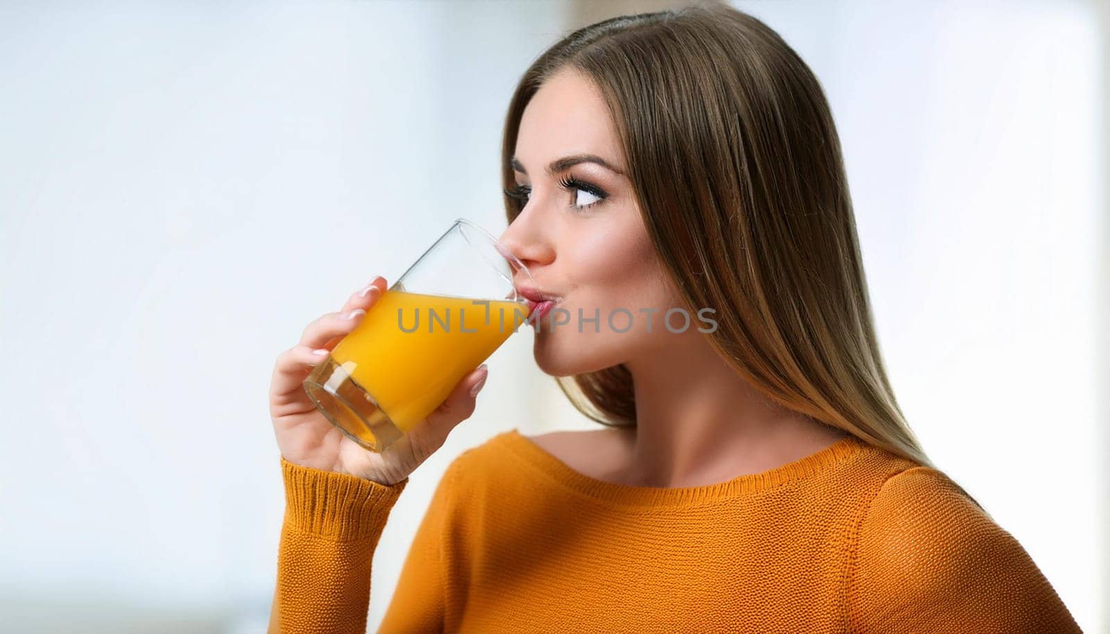 pretty young woman drinking orange juice, AI generated image