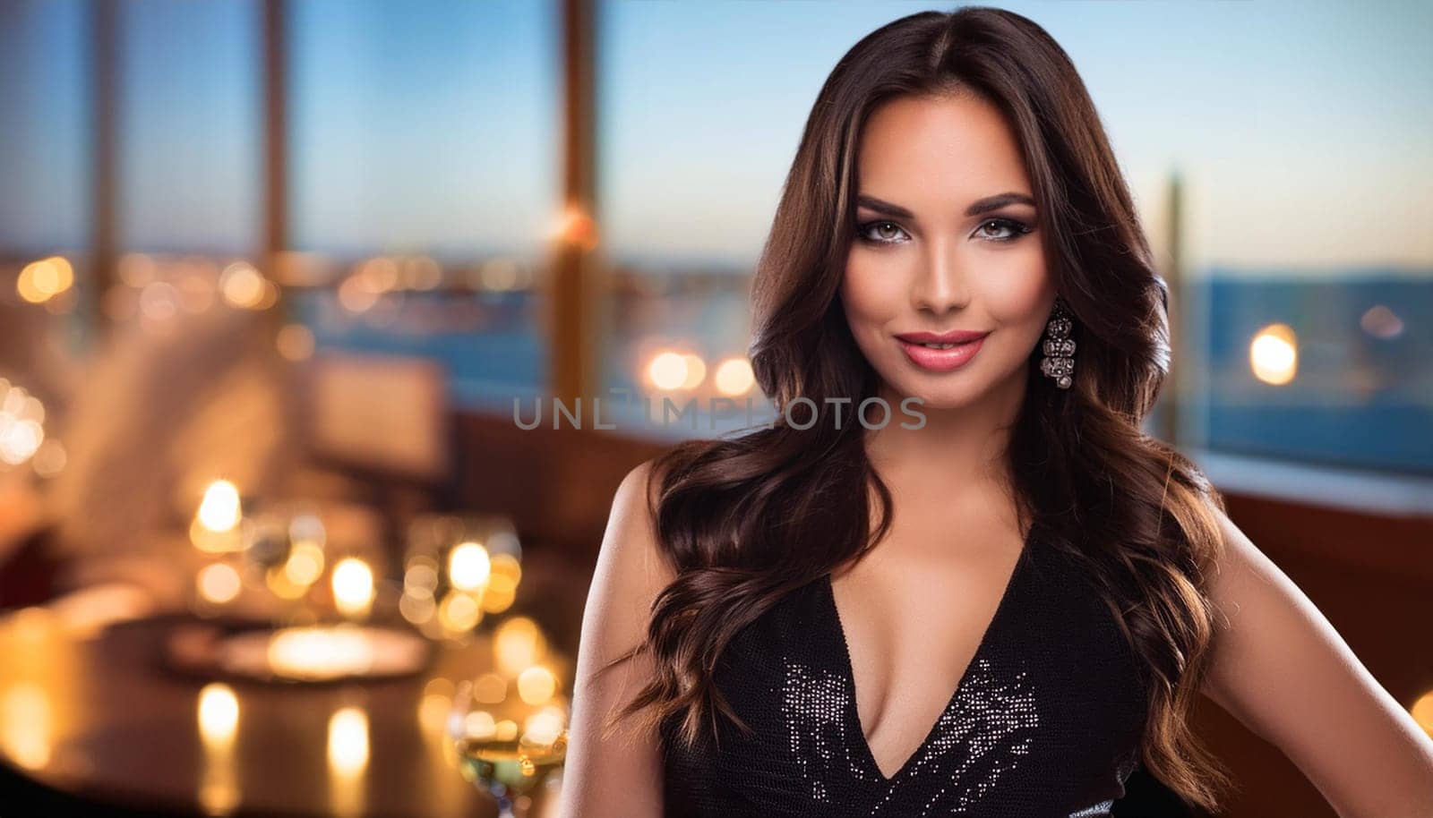 gorgeous sexy brunette woman in black dress