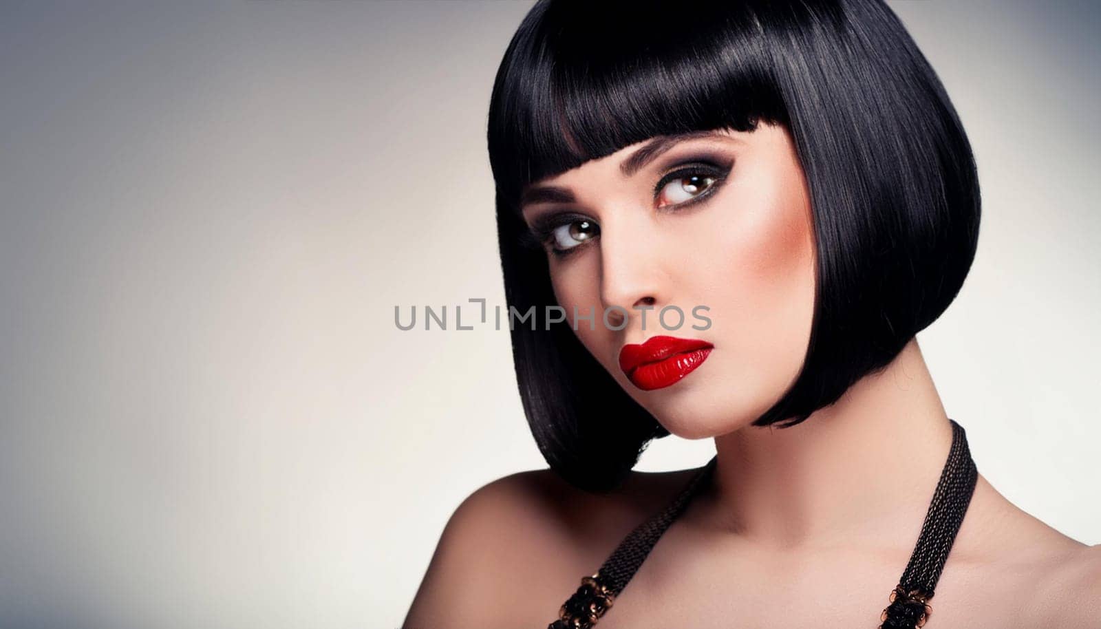 gorgeous woman bob haircut sixties retro futuristic style red lipstick, AI generated image