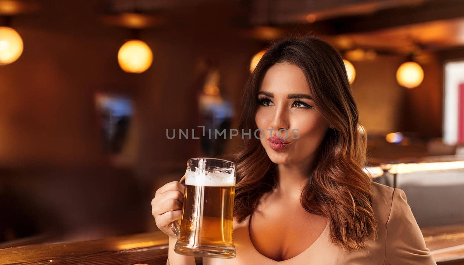 gorgeous young woman drinking beer at the pub, AI generated image