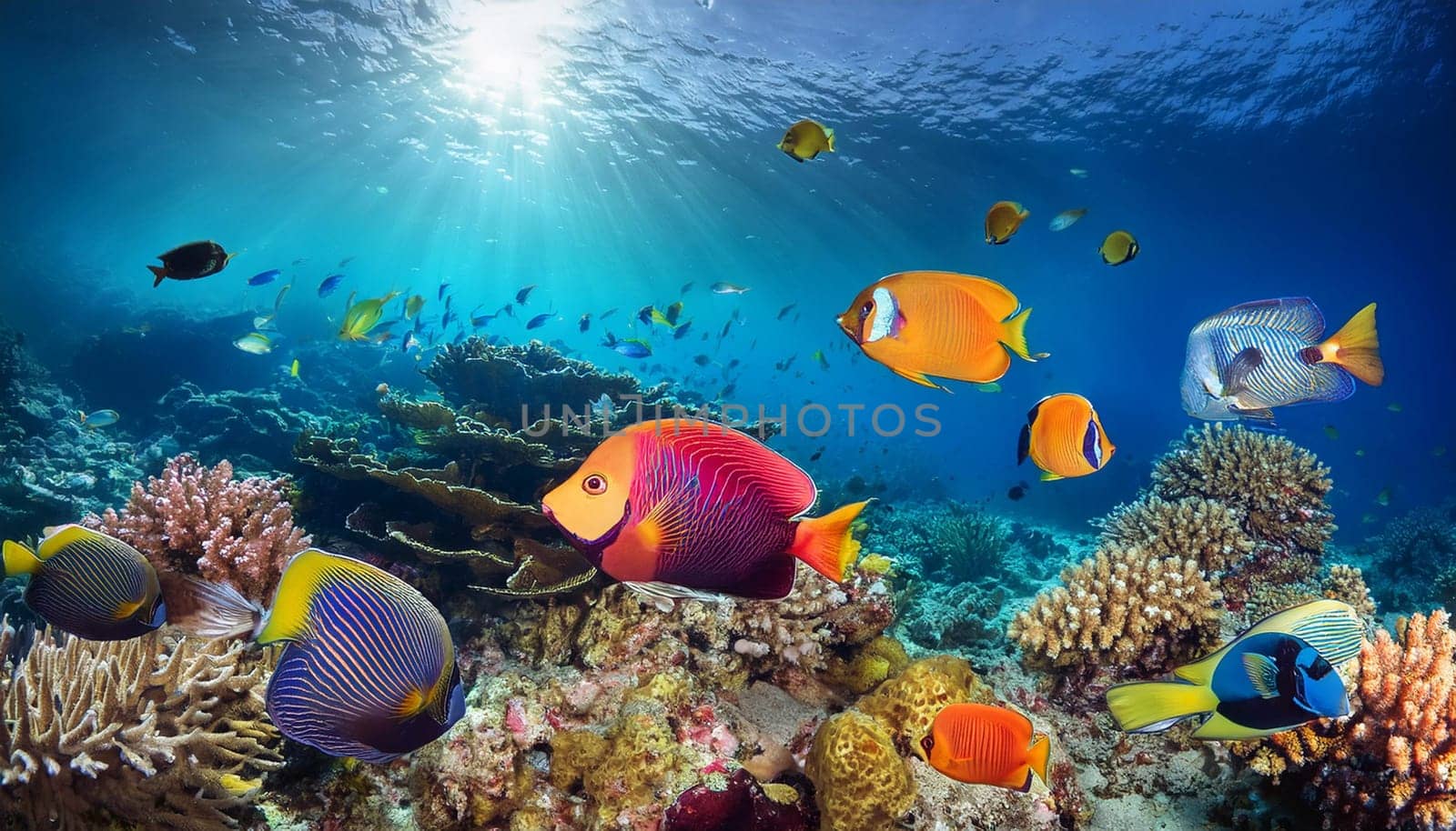 colourful tropical fishes and coral, AI generated image