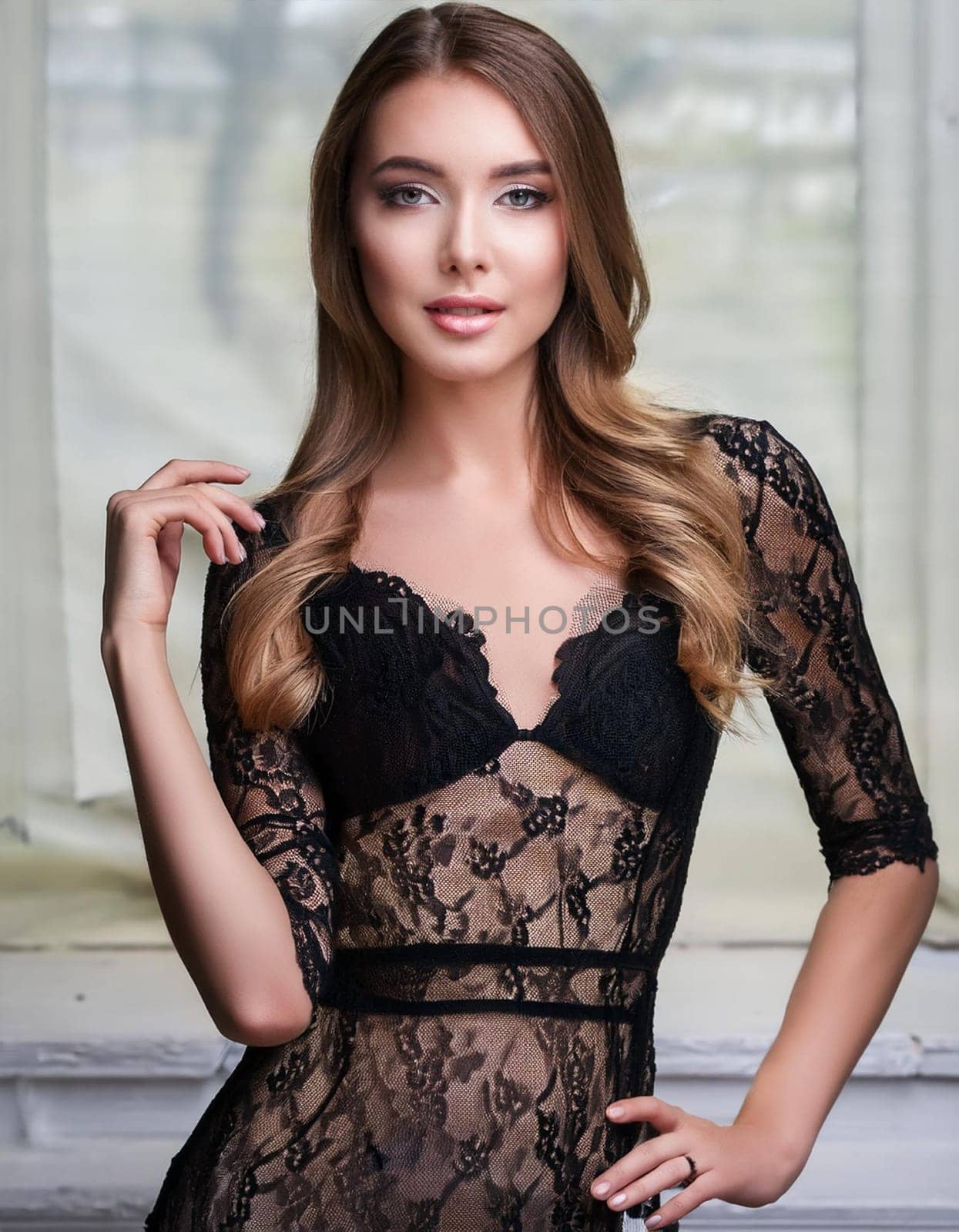 pretty young woman in black lace dress, AI generated image