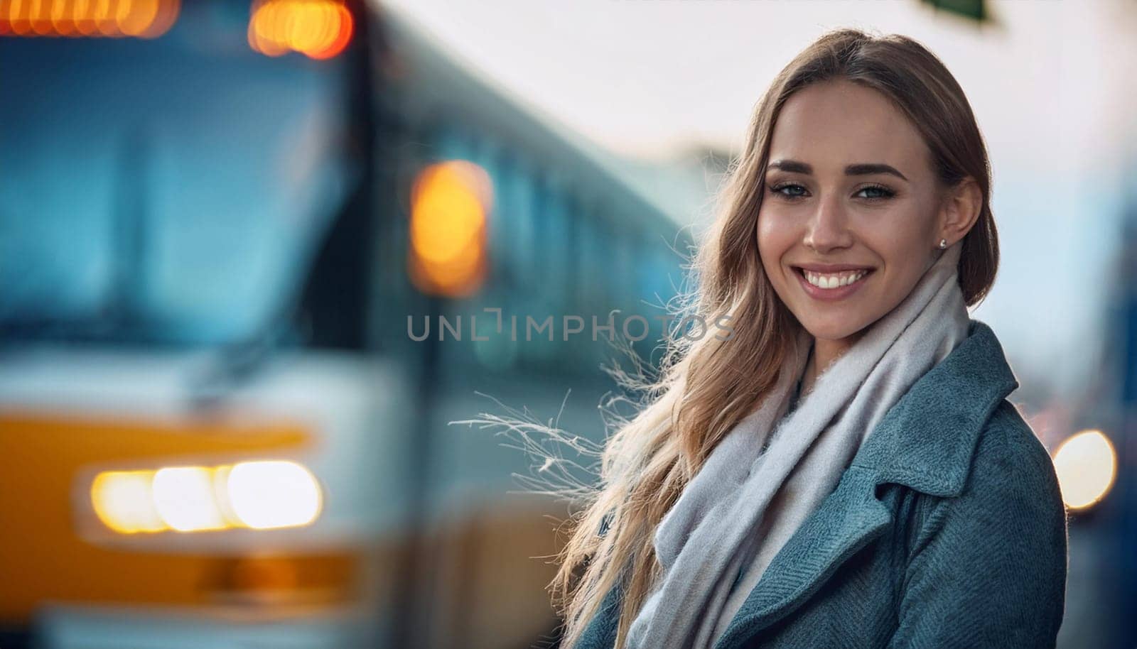 pretty young woman waiting for transport at bus stop, AI generated image