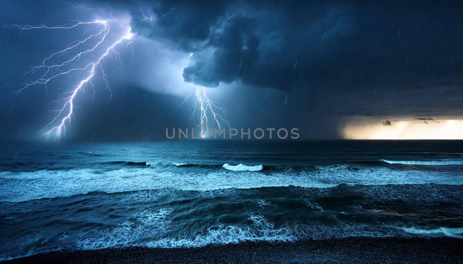 stormy weather at night with lightning at sea, AI generated image