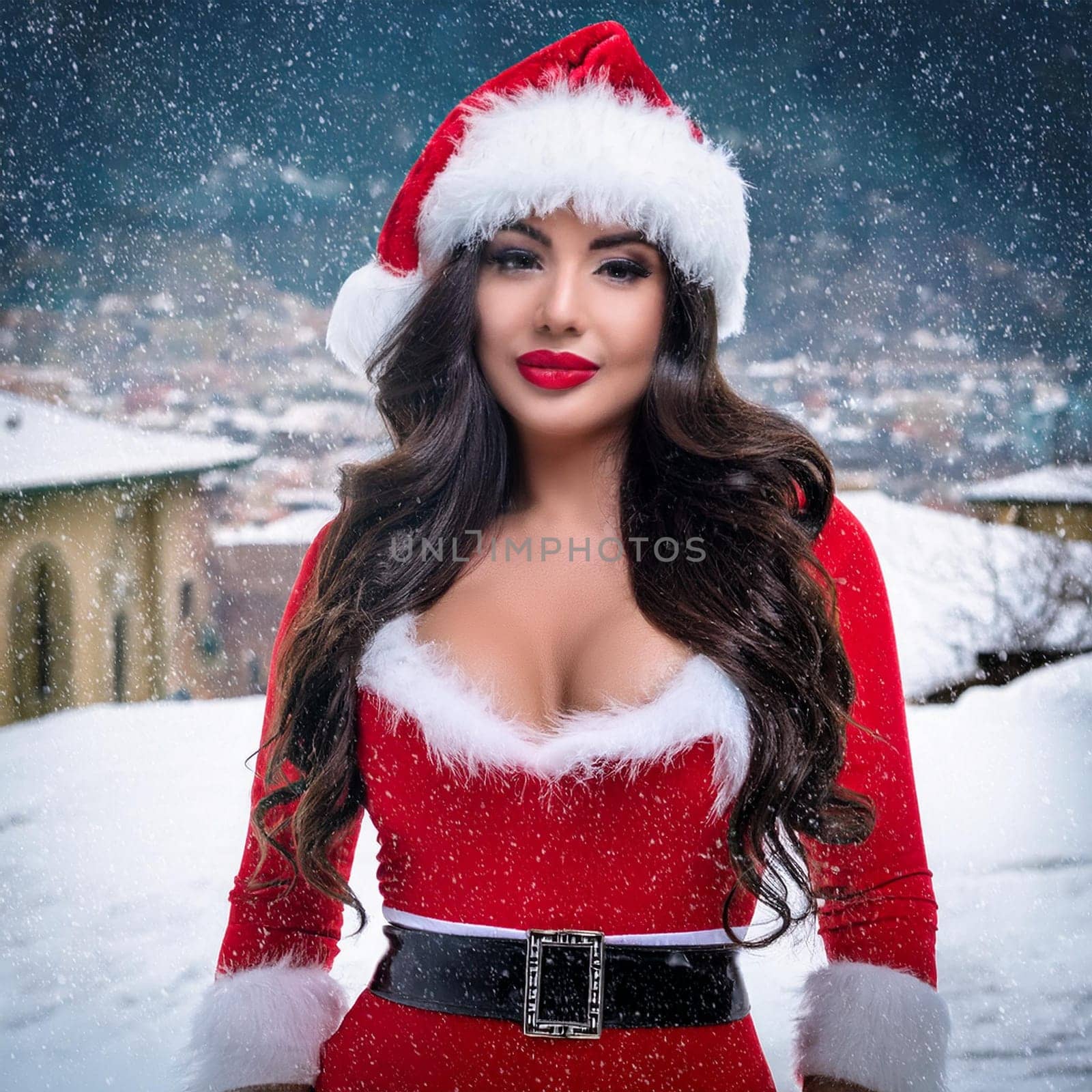 gorgeous young female santa claus woman, AI generated image