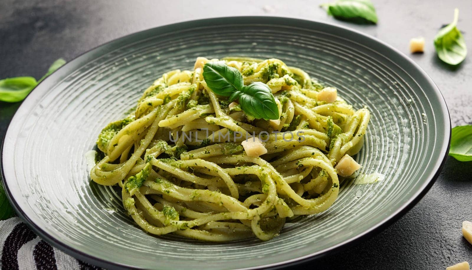 vegetarian pesto pasta dish, AI generated image