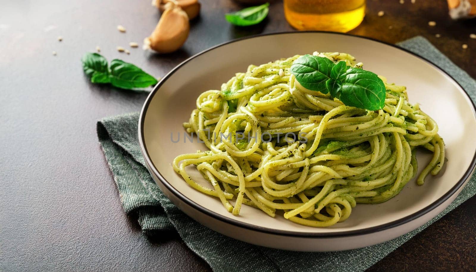 vegetarian pesto pasta dish, AI generated image