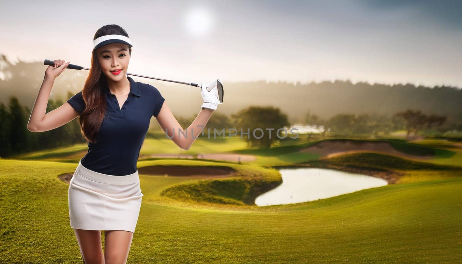 beautiful woman playing golf, AI generated image