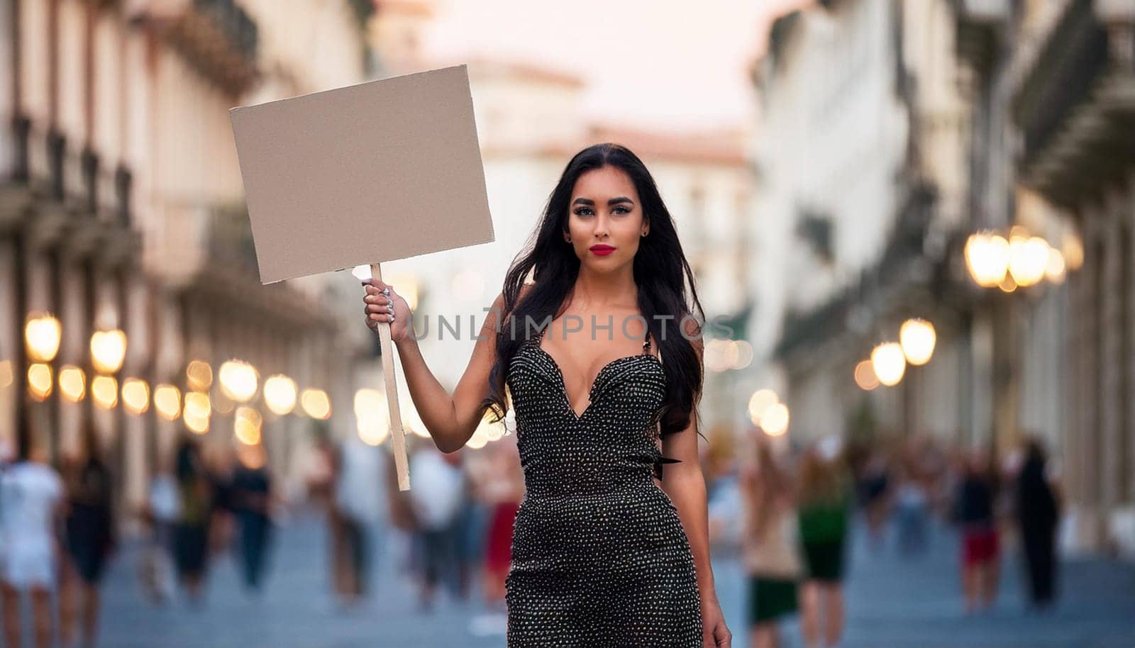 gorgeous young woman with blank sign, AI generated image