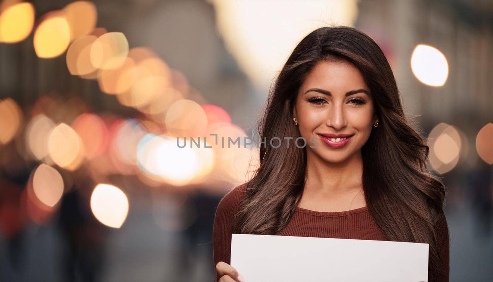 gorgeous young woman with blank sign, AI generated image
