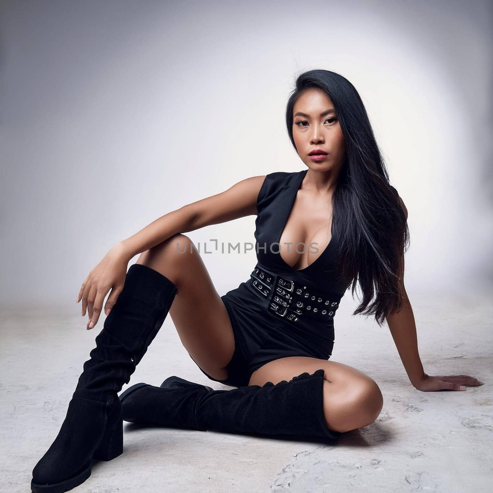 gorgeous young model woman dressed in little black dress with boots, AI generated image