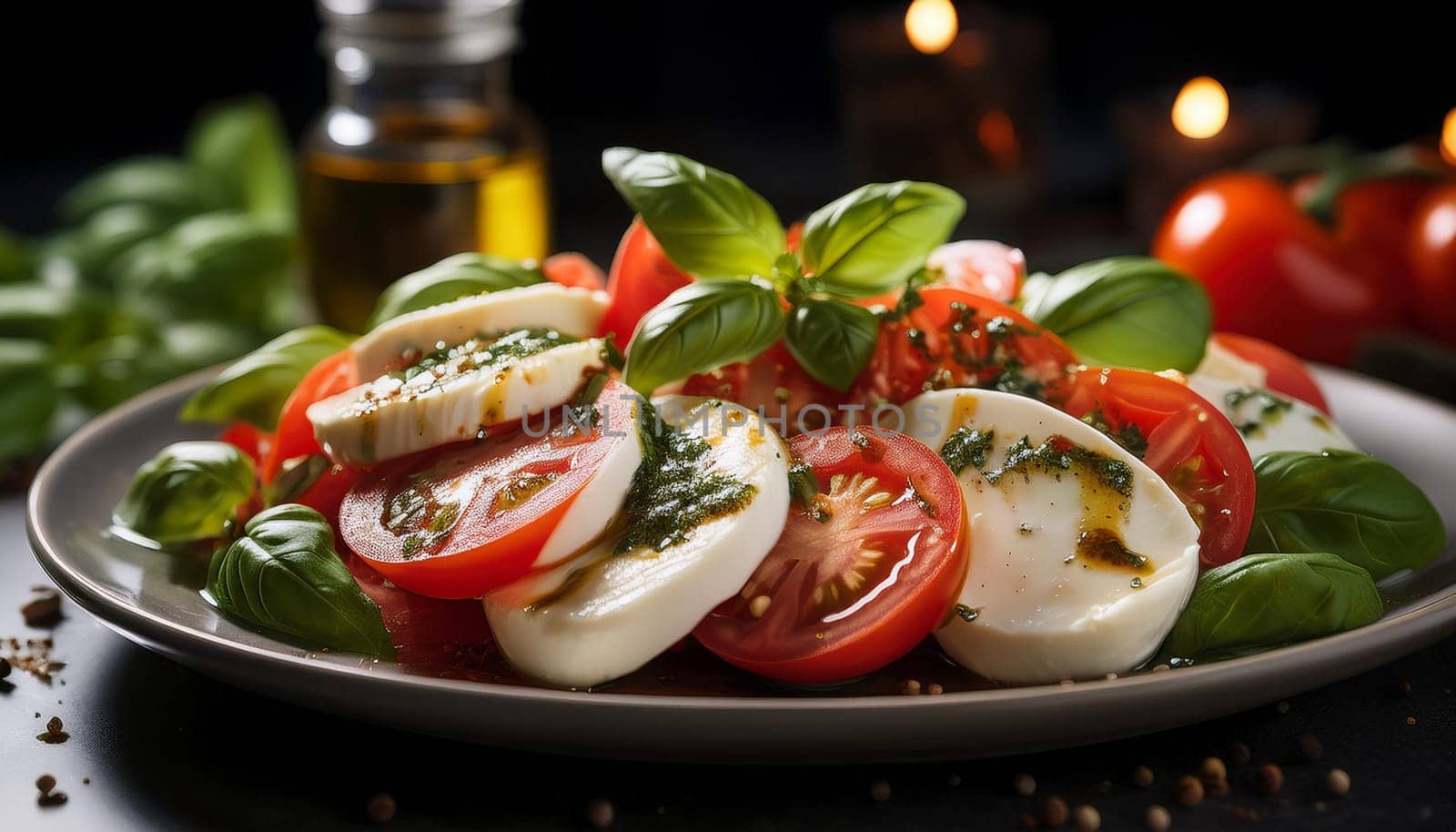 caprese salad dish with tomoatoes and mozzarella cheese, AI generated image