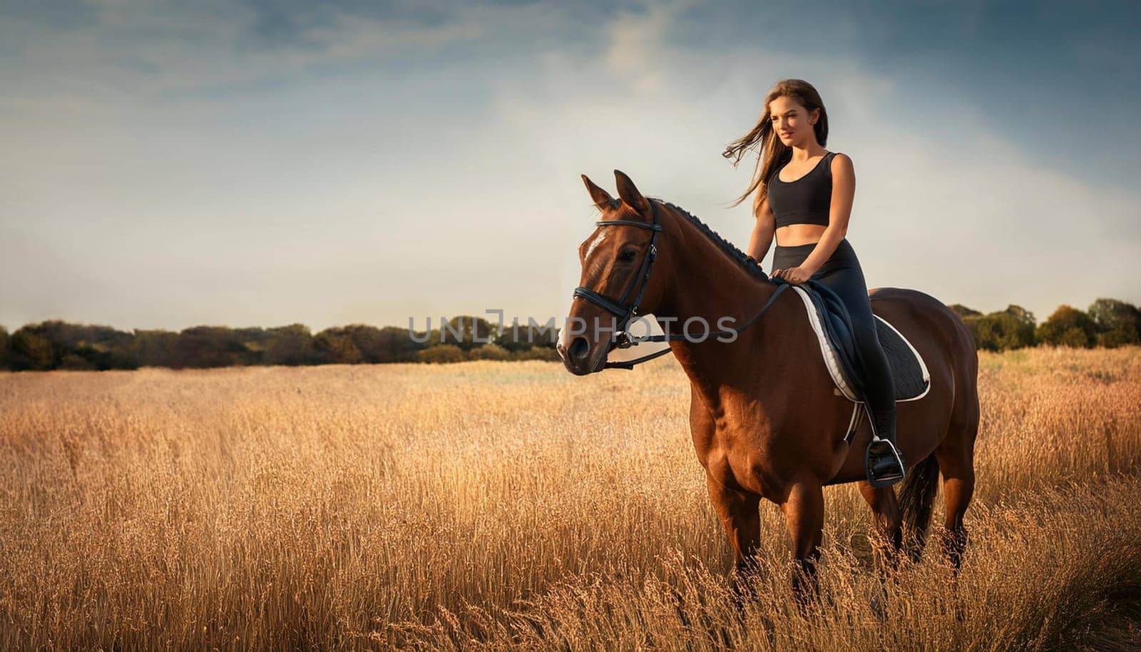 gorgeous young woman horseback riding, AI generated image