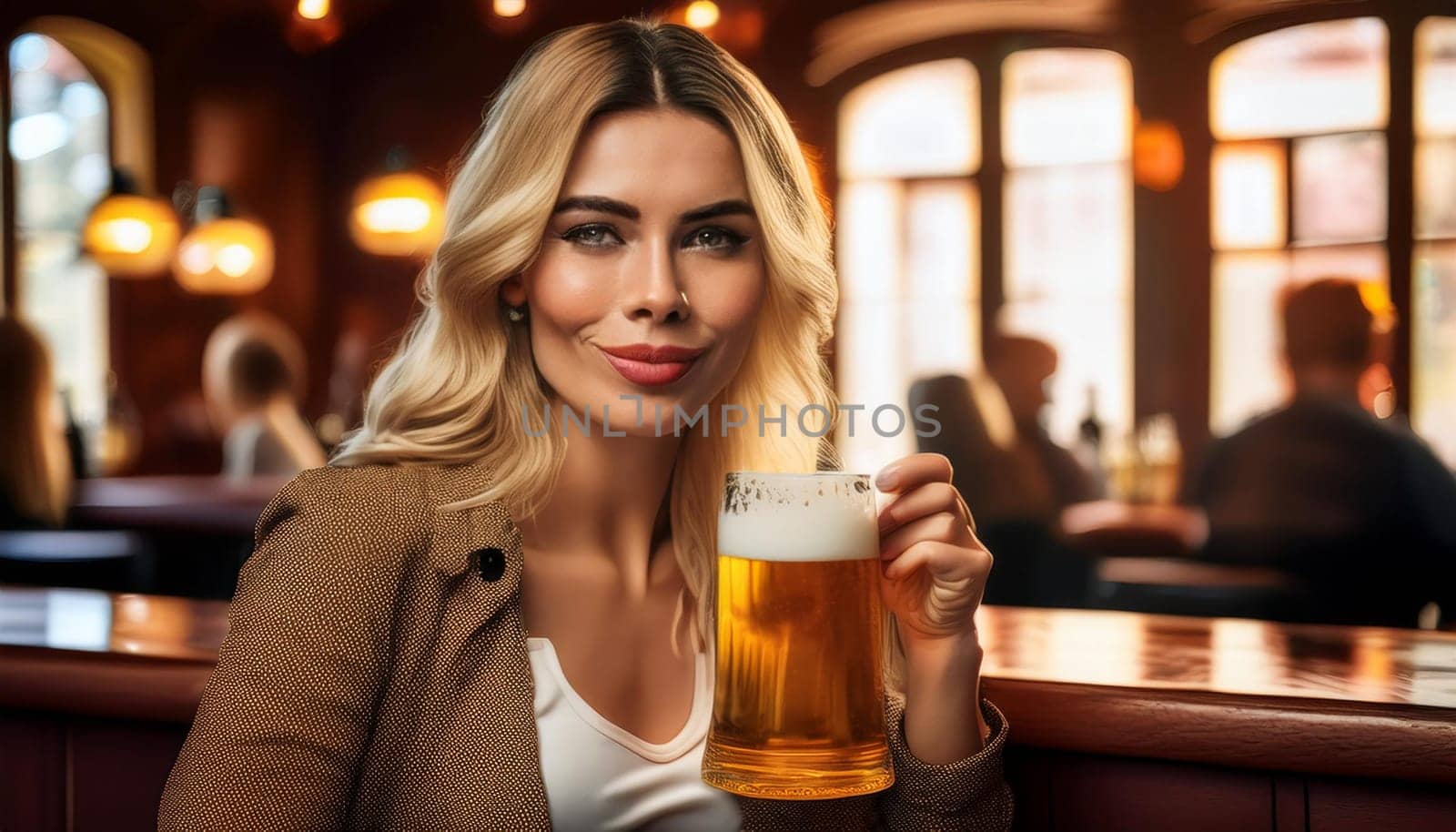 gorgeous young woman drinking beer at the pub, AI generated image