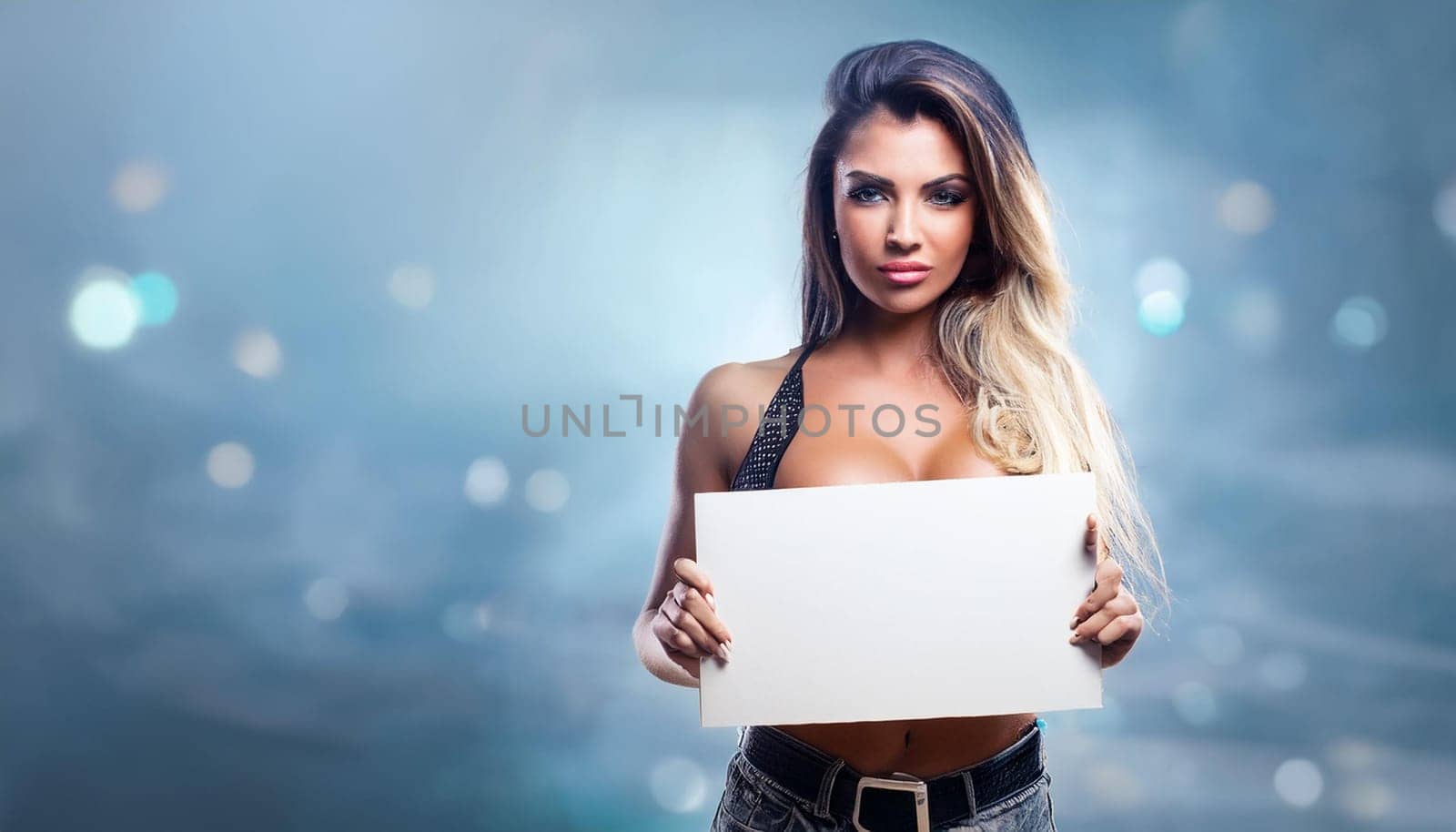 gorgeous young woman with blank sign, AI generated image