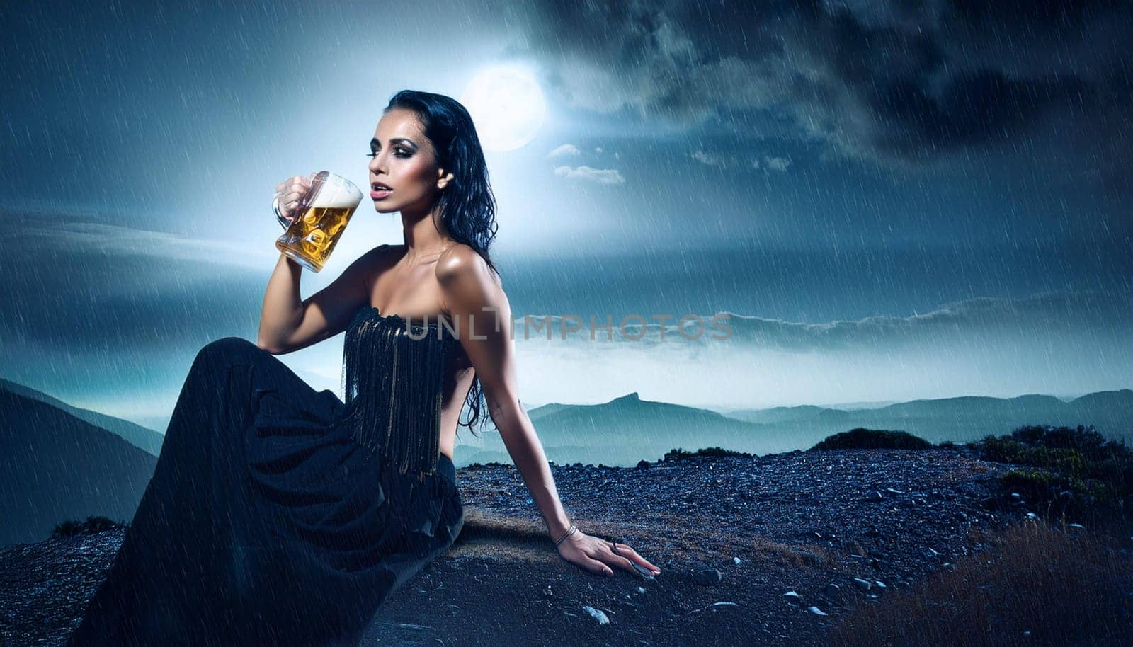 gorgeous young goth woman drinking beer in the rain, AI generated image