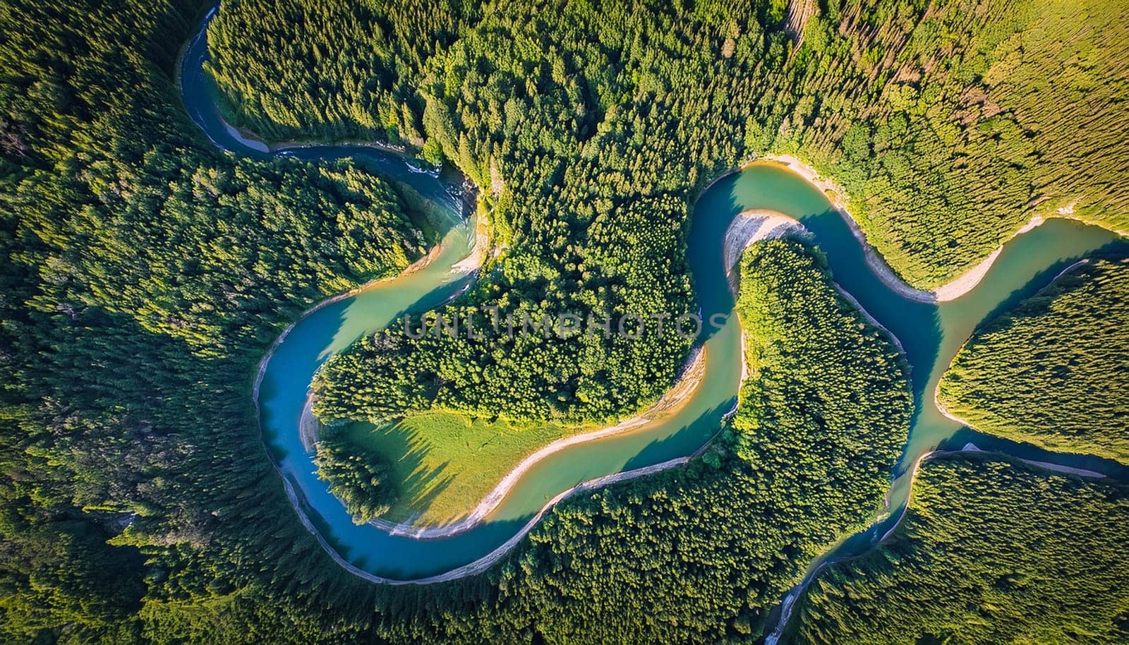 river meandering in tropical forest flat top view, AI generated image