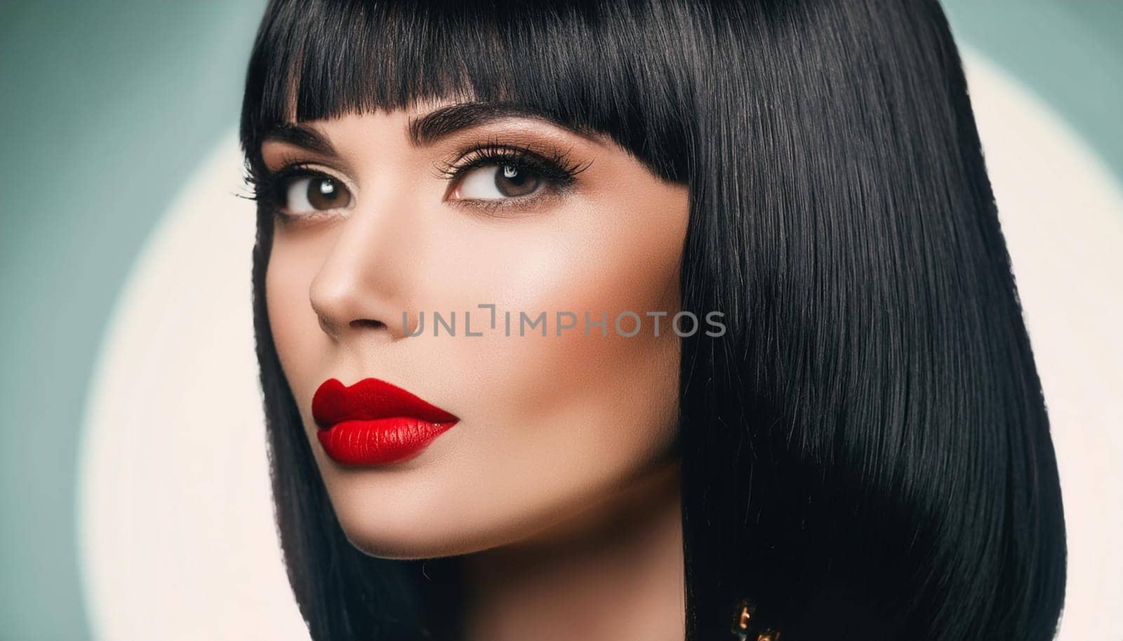 gorgeous woman bob haircut sixties retro futuristic style red lipstick, AI generated image