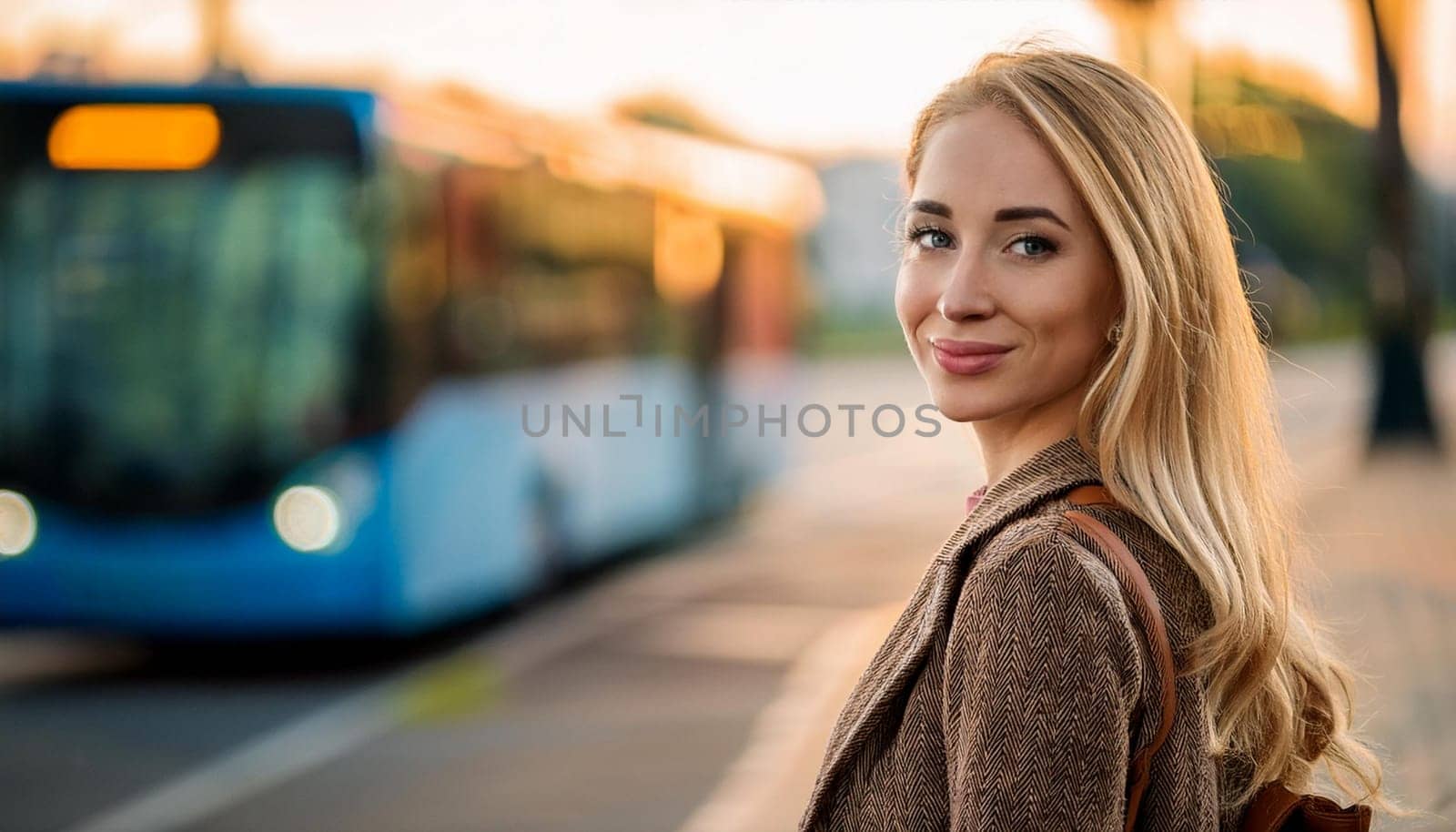 pretty young woman waiting for transport at bus stop, AI generated image